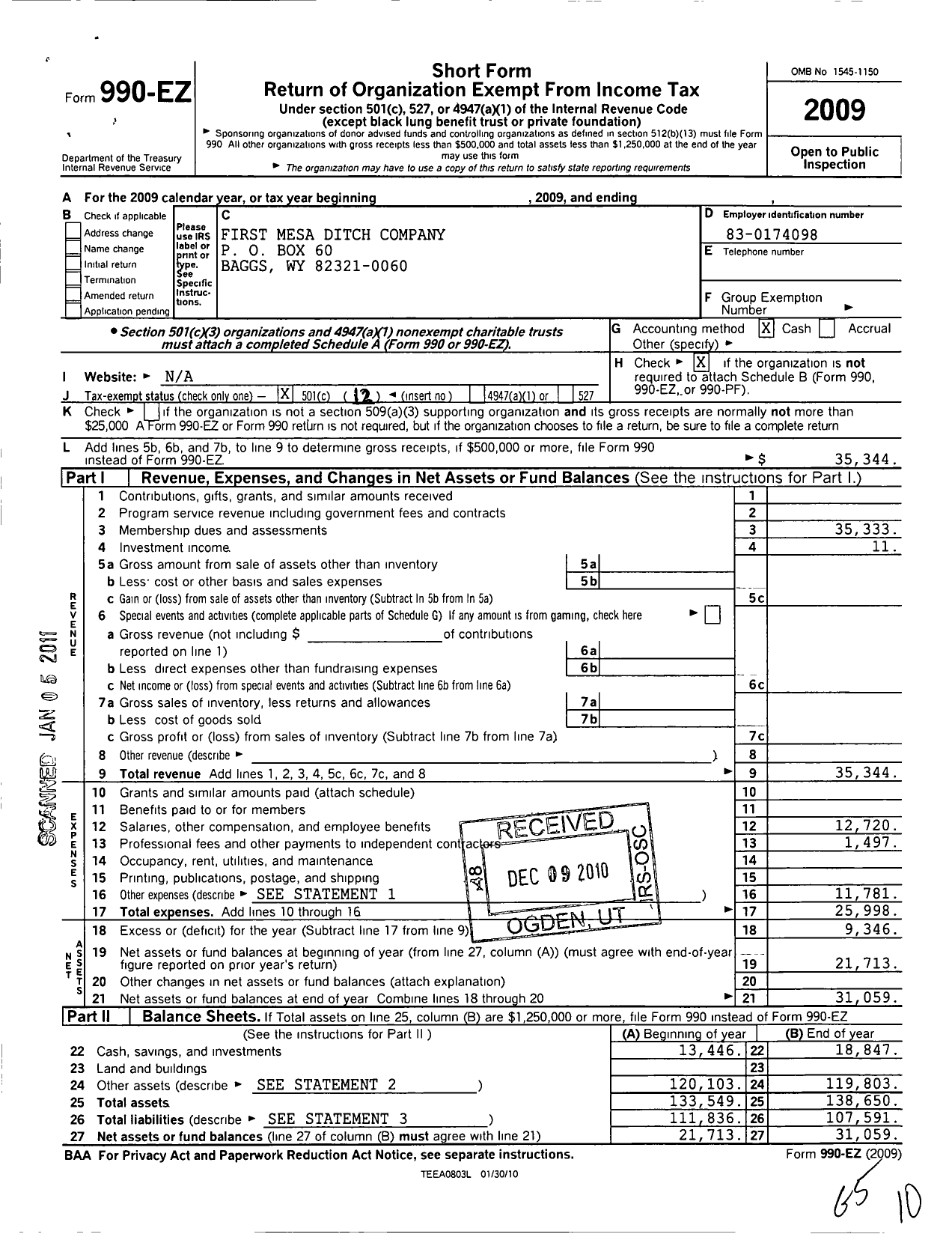 Image of first page of 2009 Form 990EO for First Mesa Ditch Company