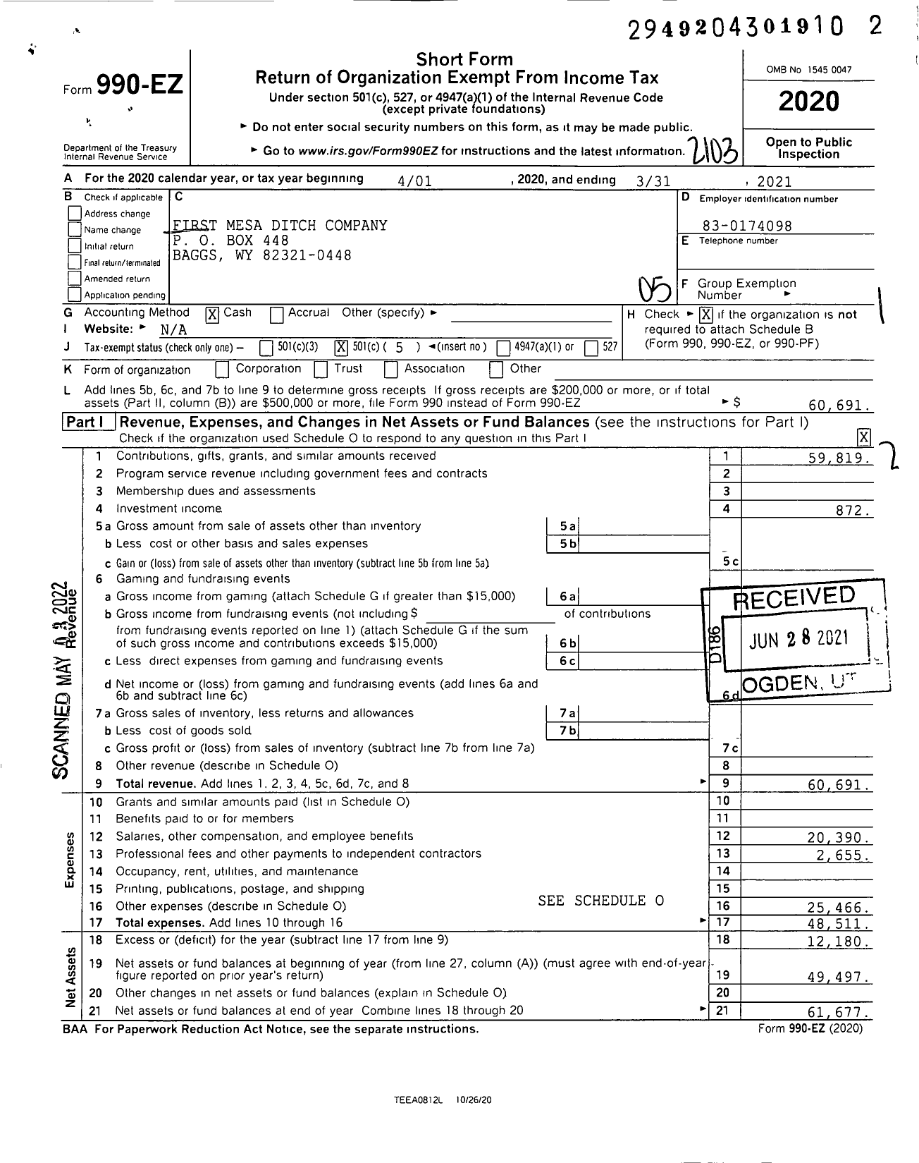 Image of first page of 2020 Form 990EO for First Mesa Ditch Company