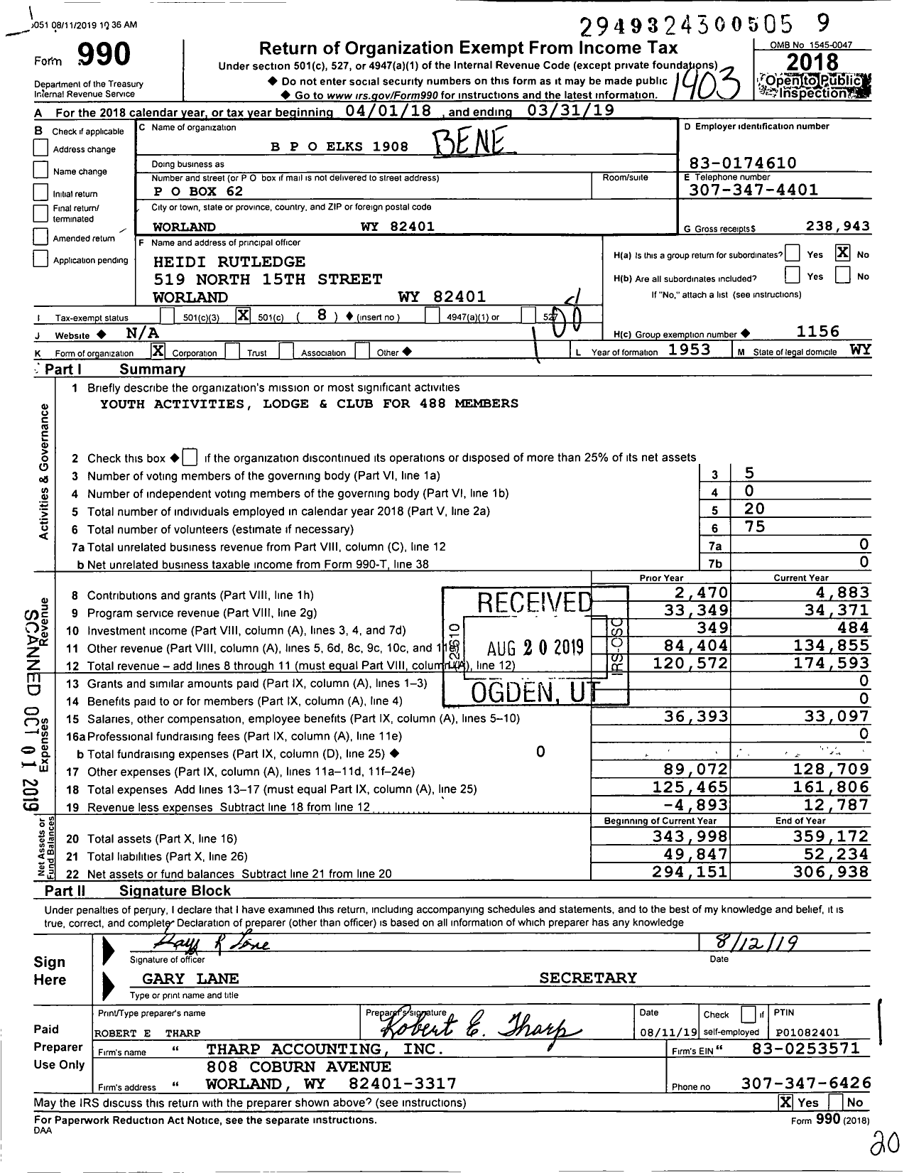 Image of first page of 2018 Form 990O for Benevolent and Protective Order of Elks - 1908 Bpo Elks