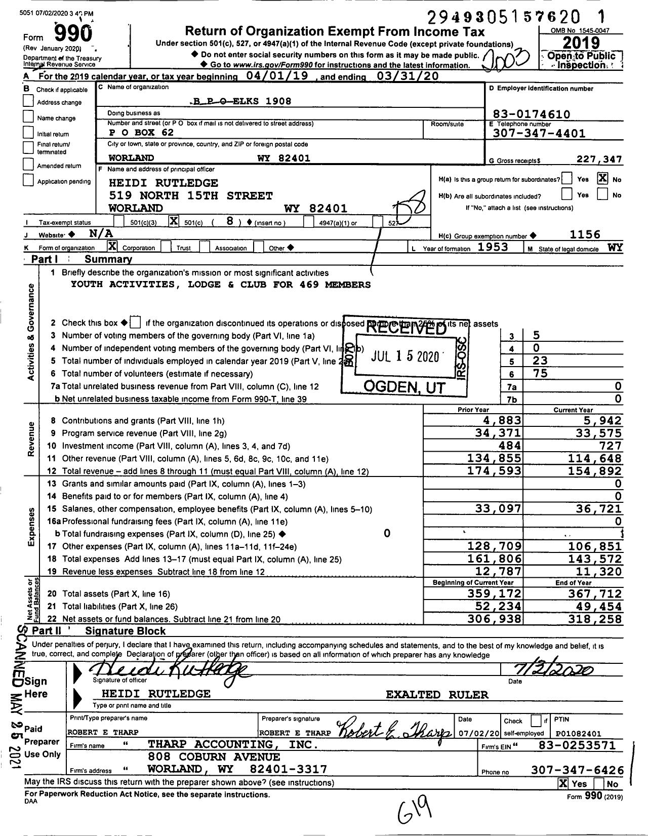 Image of first page of 2019 Form 990O for Benevolent and Protective Order of Elks - 1908 Bpo Elks