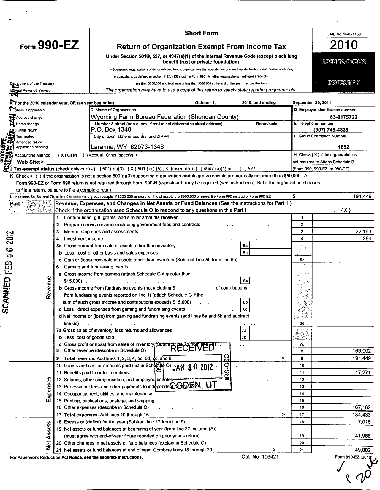 Image of first page of 2010 Form 990EO for Wyoming Farm Bureau Federation / Sheridan County