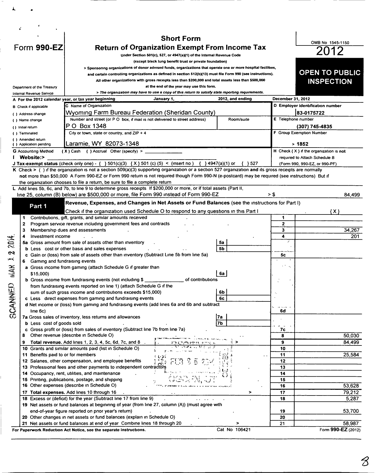 Image of first page of 2012 Form 990EO for Wyoming Farm Bureau Federation / Sheridan County