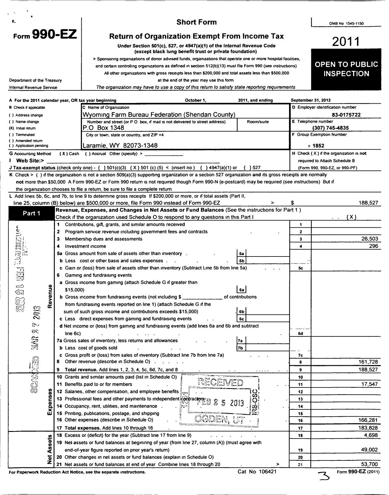 Image of first page of 2011 Form 990EO for Wyoming Farm Bureau Federation / Sheridan County