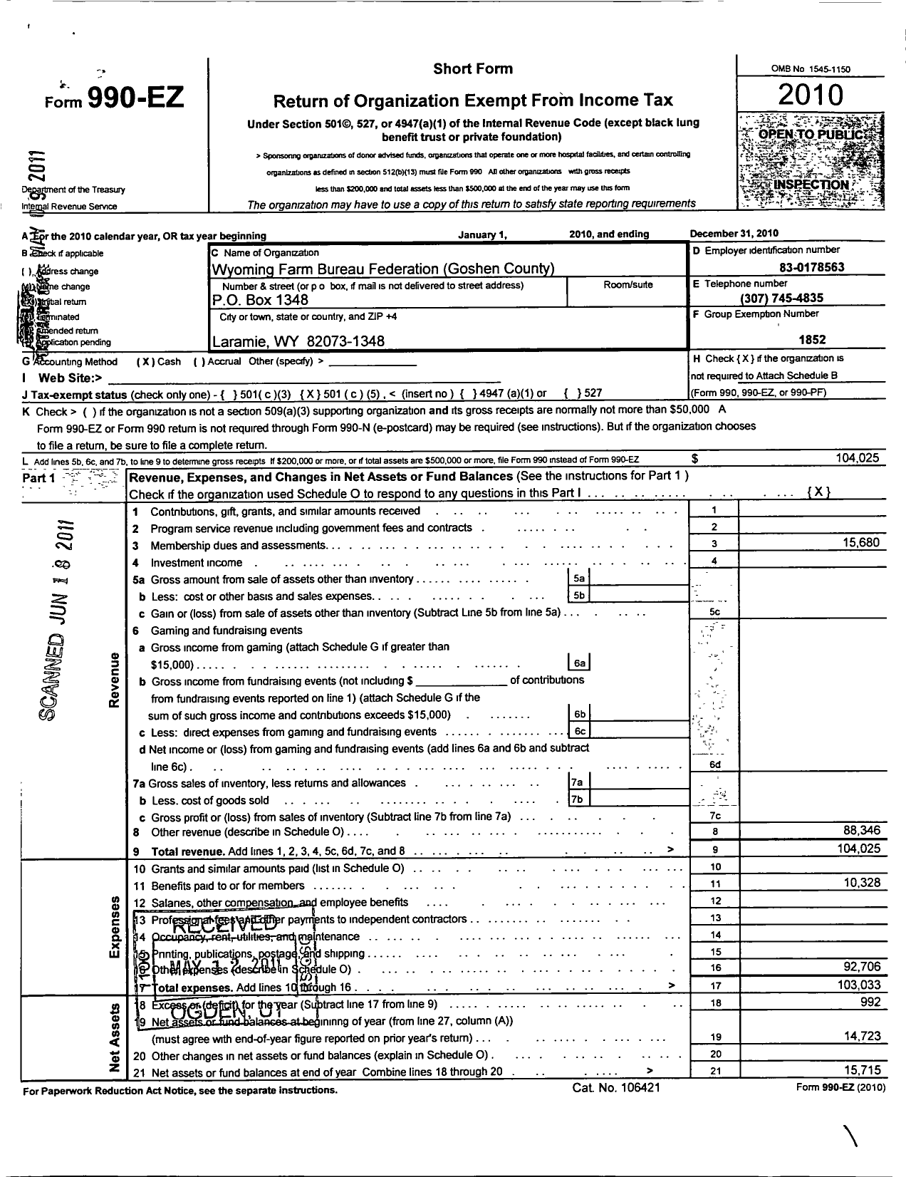 Image of first page of 2010 Form 990EO for Wyoming Farm Bureau Federation / Goshen County