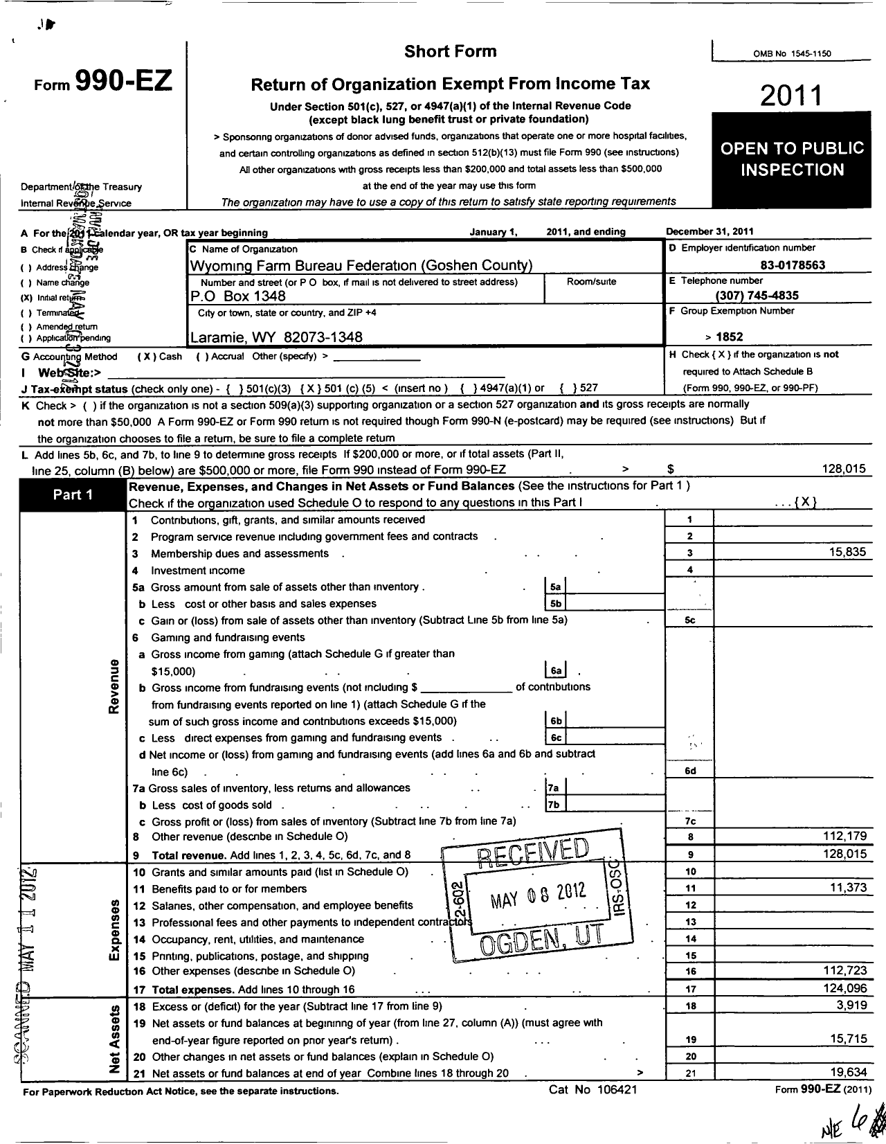 Image of first page of 2011 Form 990EO for Wyoming Farm Bureau Federation / Goshen County