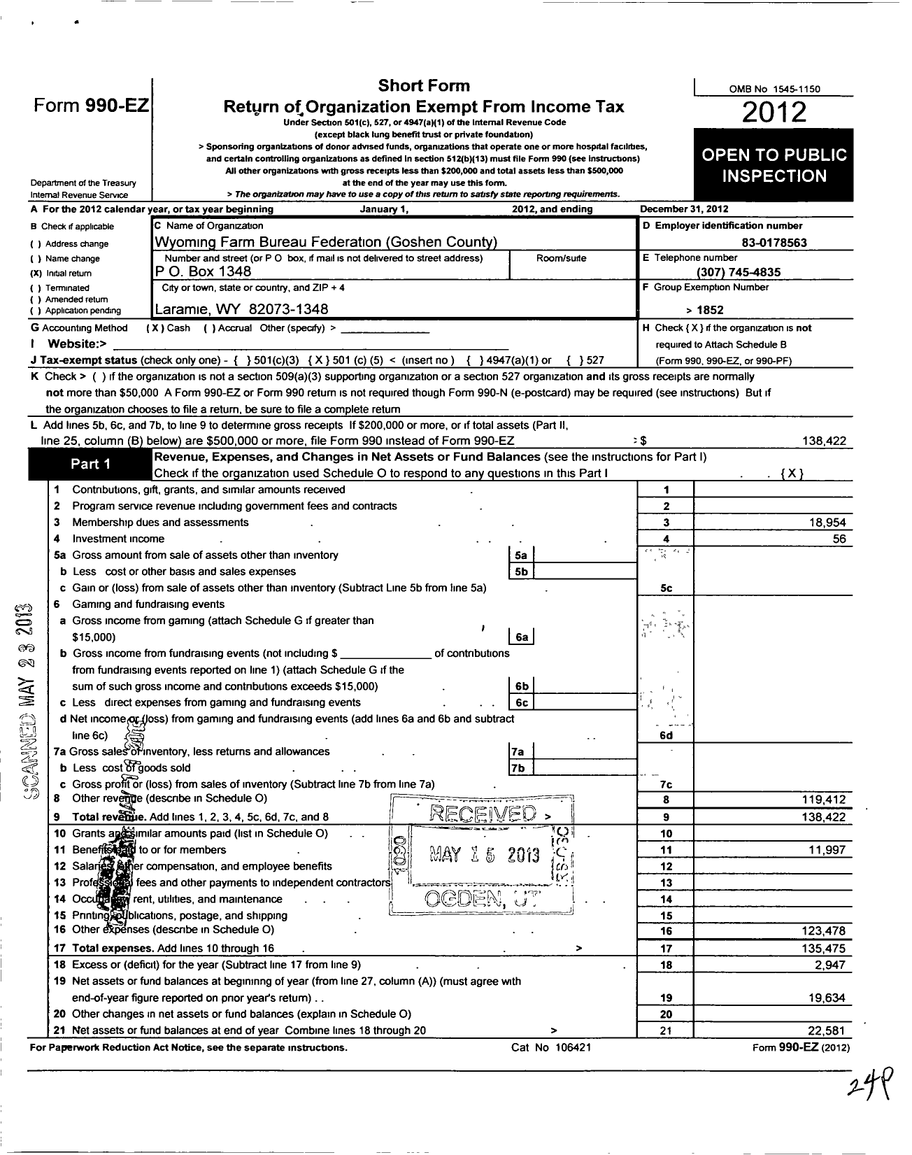 Image of first page of 2012 Form 990EO for Wyoming Farm Bureau Federation / Goshen County