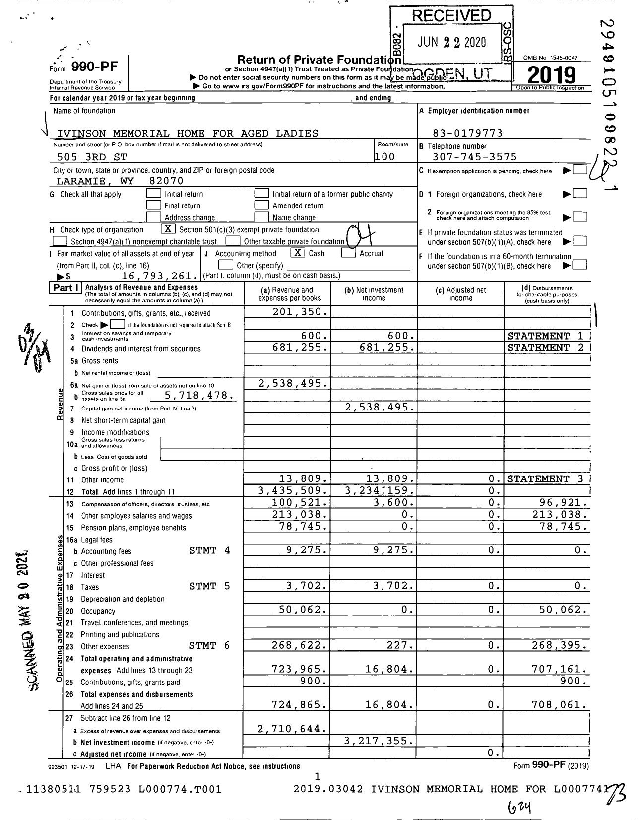 Image of first page of 2019 Form 990PF for Ivinson Home for Ladies