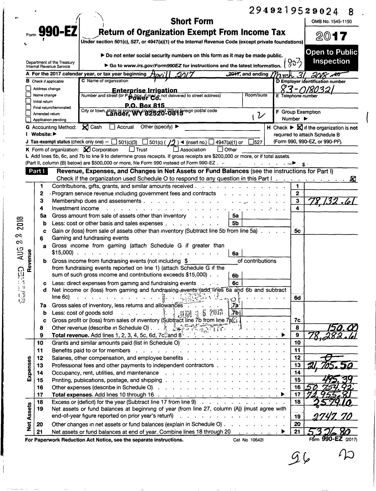 Image of first page of 2017 Form 990EO for Enterprise Irrigation and Power