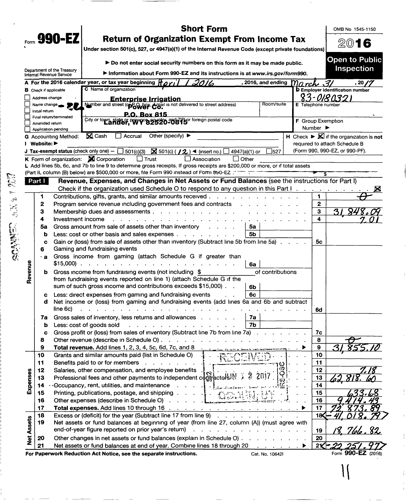 Image of first page of 2016 Form 990EO for Enterprise Irrigation and Power