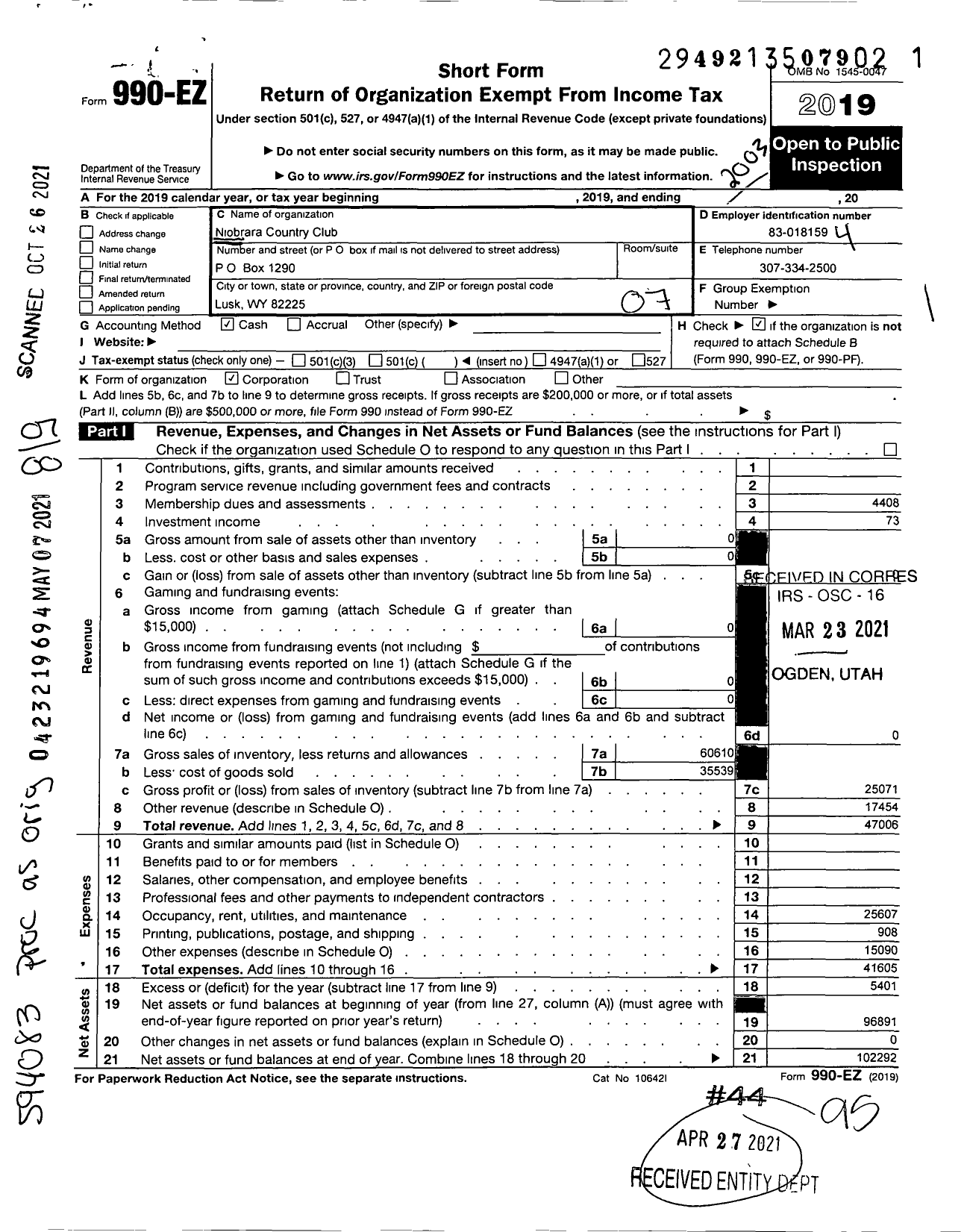 Image of first page of 2019 Form 990EO for Niobrara Country Club