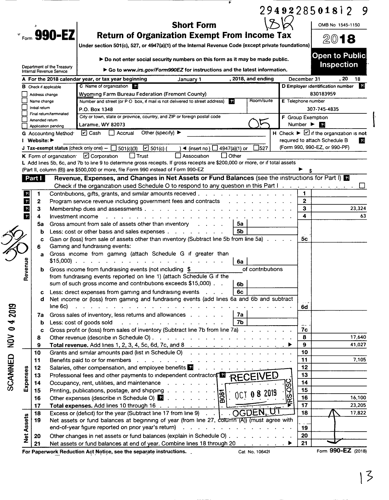 Image of first page of 2018 Form 990EO for Wyoming Farm Bureau Federation / Fremont County