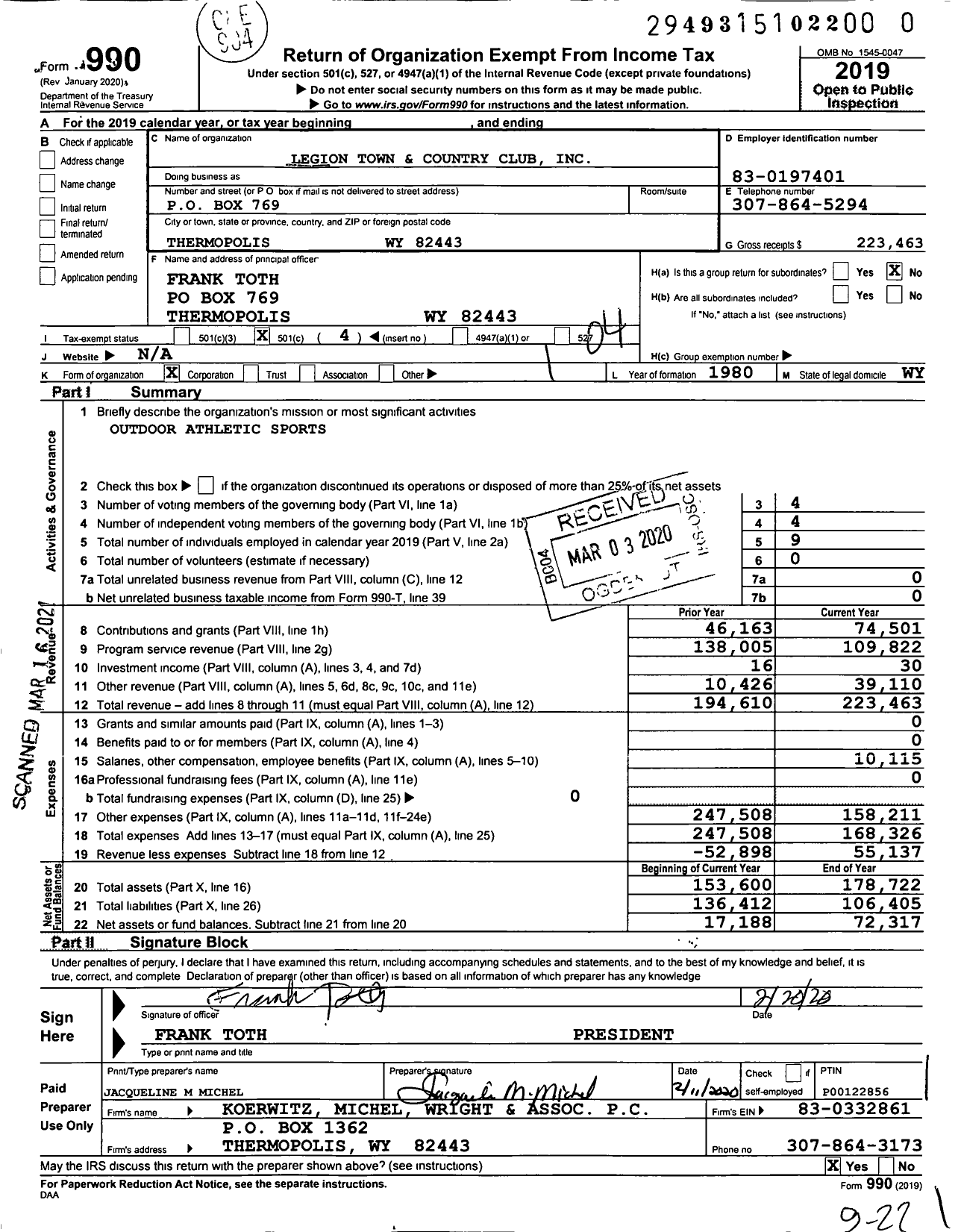 Image of first page of 2019 Form 990O for Thermopolis Golf Course