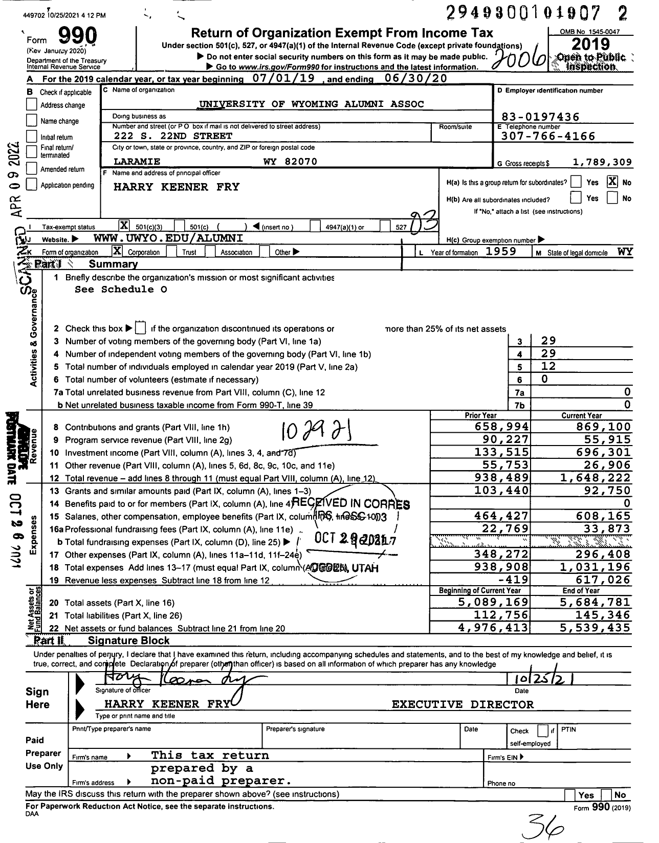 Image of first page of 2019 Form 990 for University of Wyoming Alumni Association