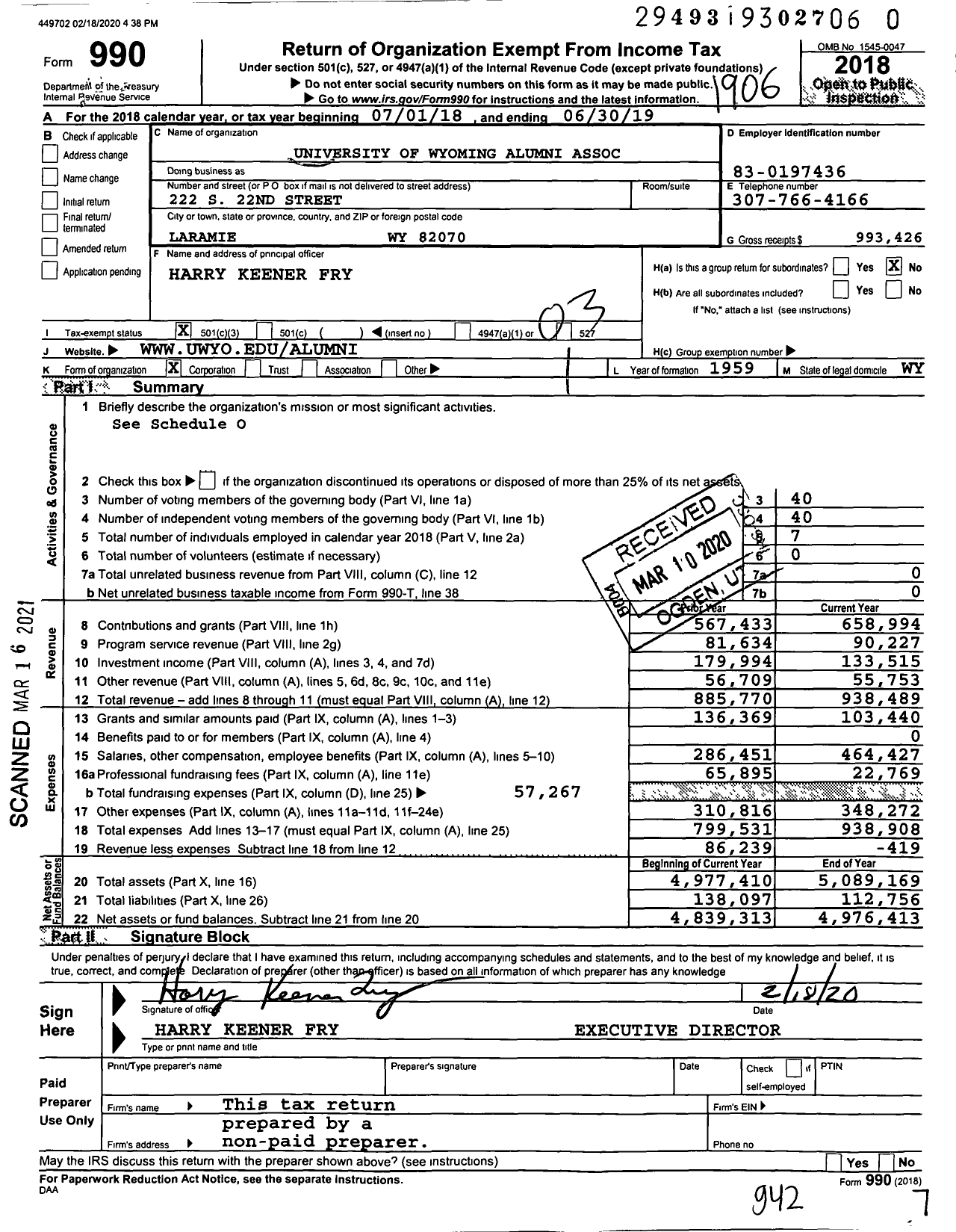 Image of first page of 2018 Form 990 for University of Wyoming Alumni Association