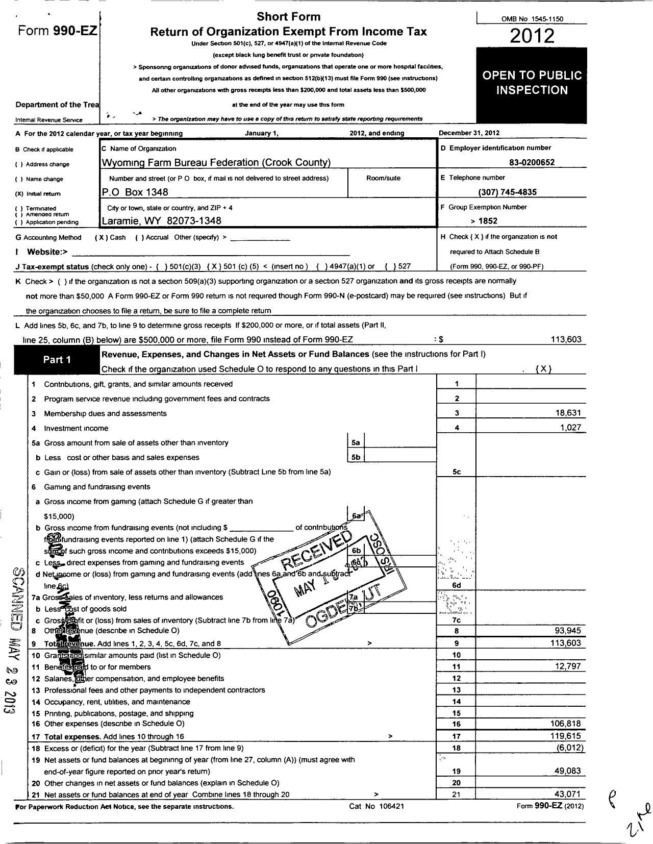 Image of first page of 2012 Form 990EO for Wyoming Farm Bureau Federation / Crook County