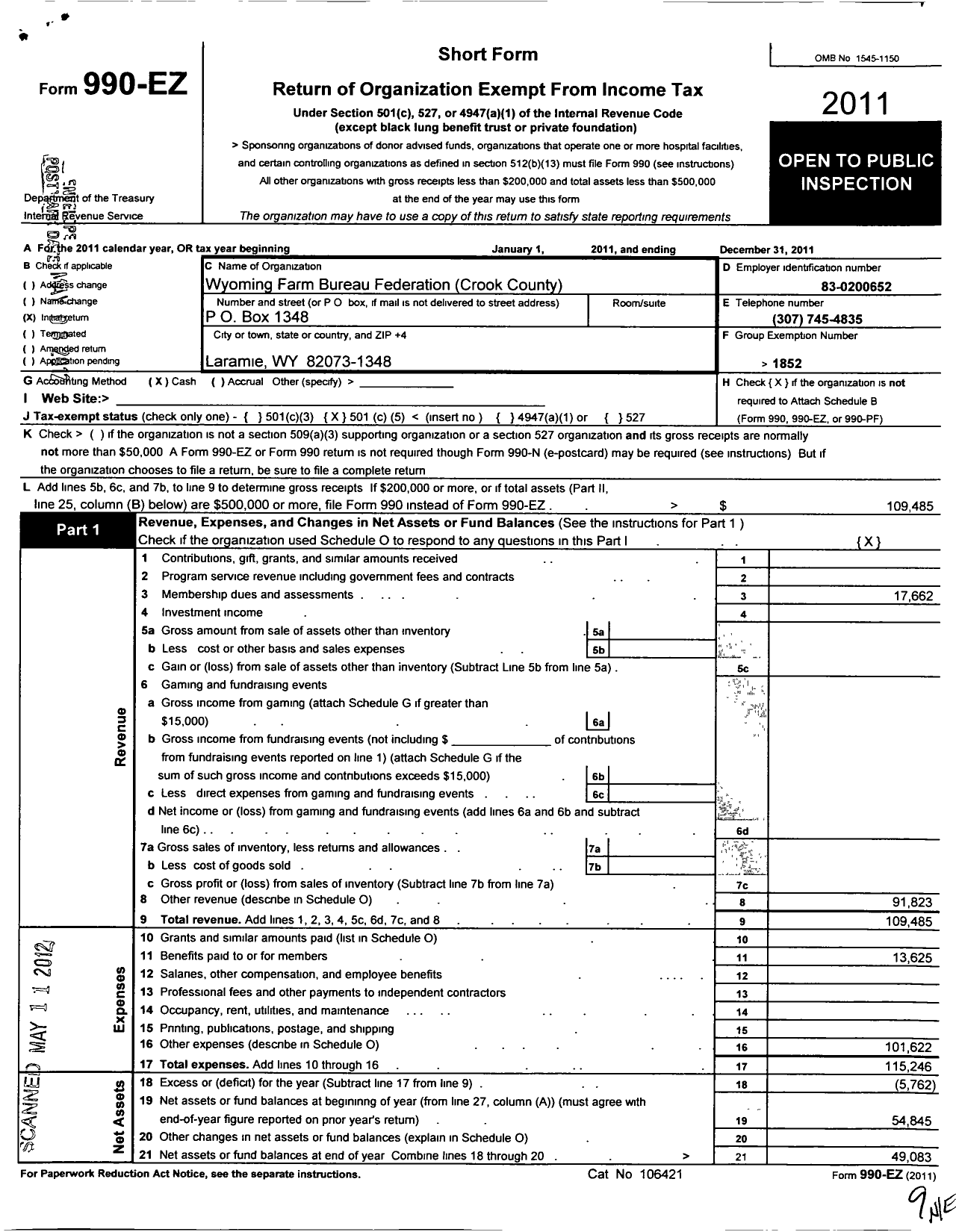 Image of first page of 2011 Form 990EO for Wyoming Farm Bureau Federation / Crook County