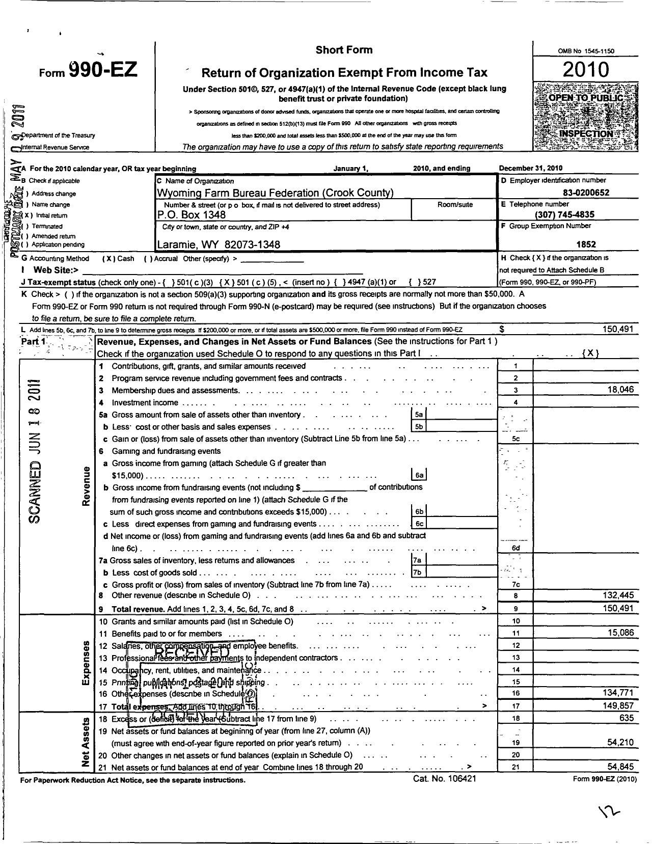 Image of first page of 2010 Form 990EO for Wyoming Farm Bureau Federation / Crook County