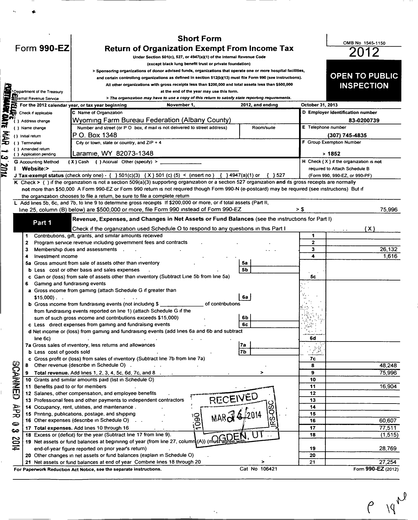 Image of first page of 2012 Form 990EO for Wyoming Farm Bureau Federation / Albany County