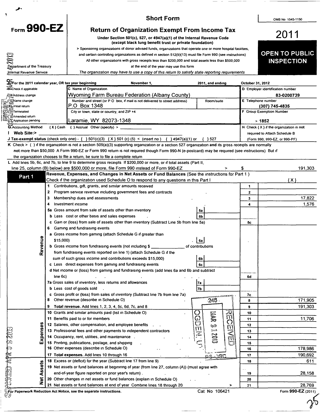 Image of first page of 2011 Form 990EO for Wyoming Farm Bureau Federation / Albany County