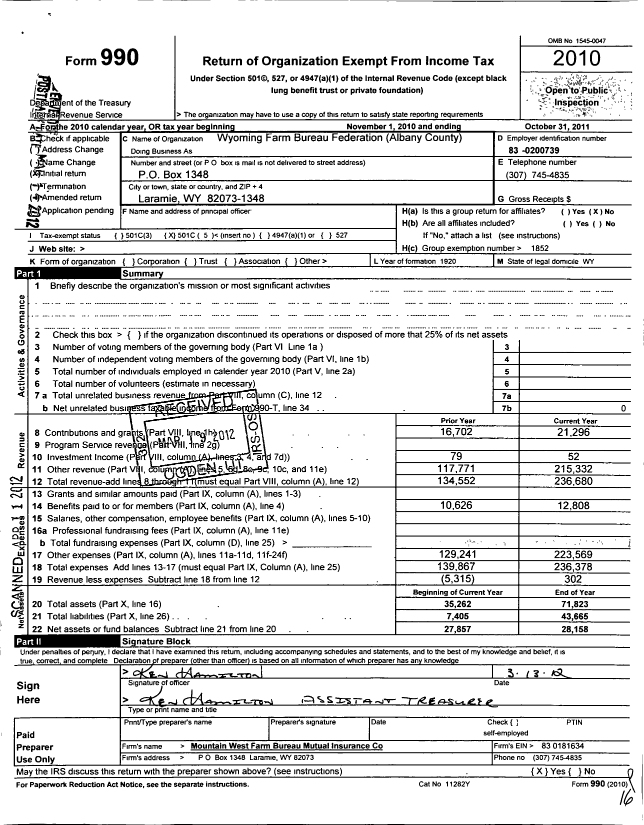 Image of first page of 2010 Form 990O for Wyoming Farm Bureau Federation / Albany County