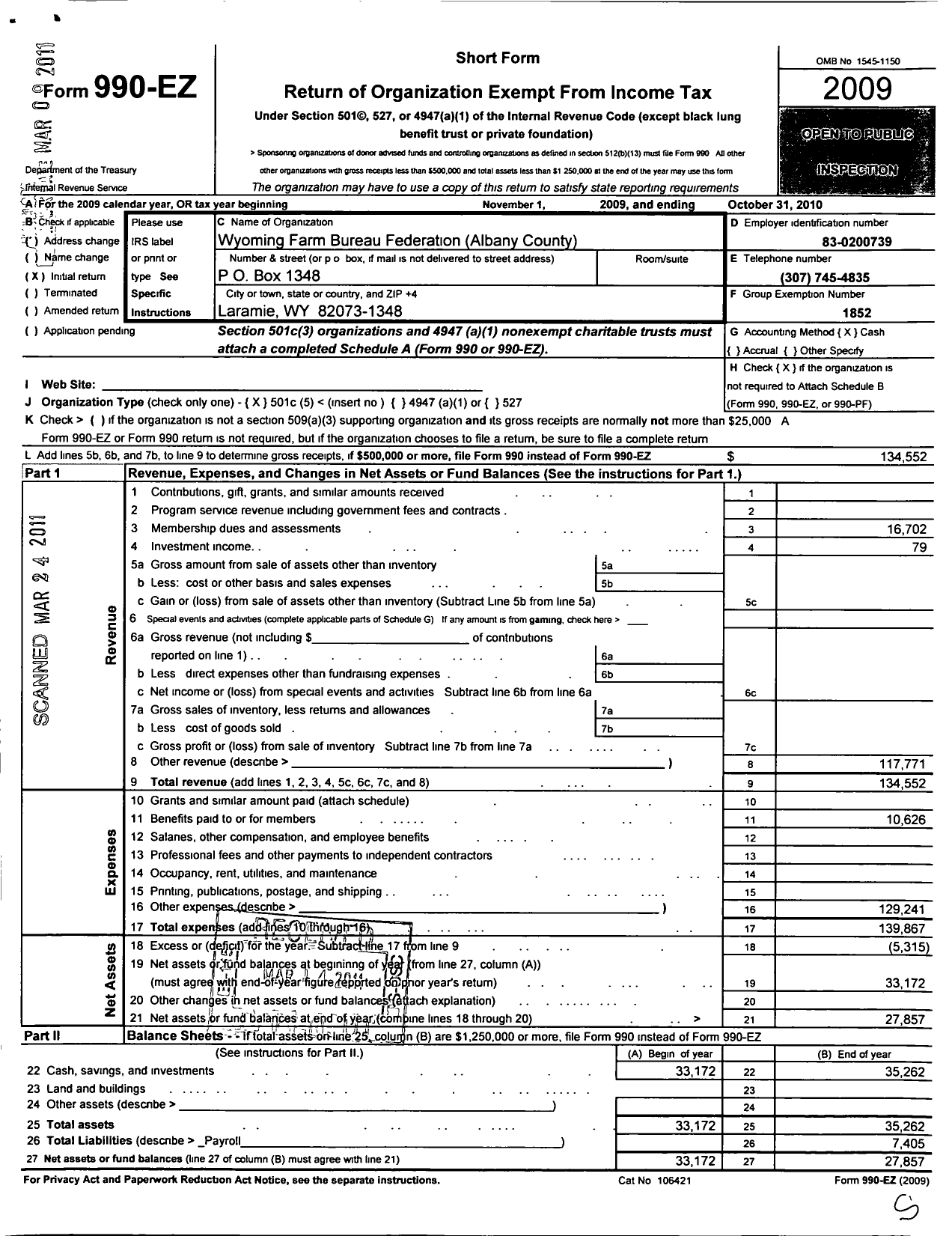 Image of first page of 2009 Form 990EO for Wyoming Farm Bureau Federation / Albany County