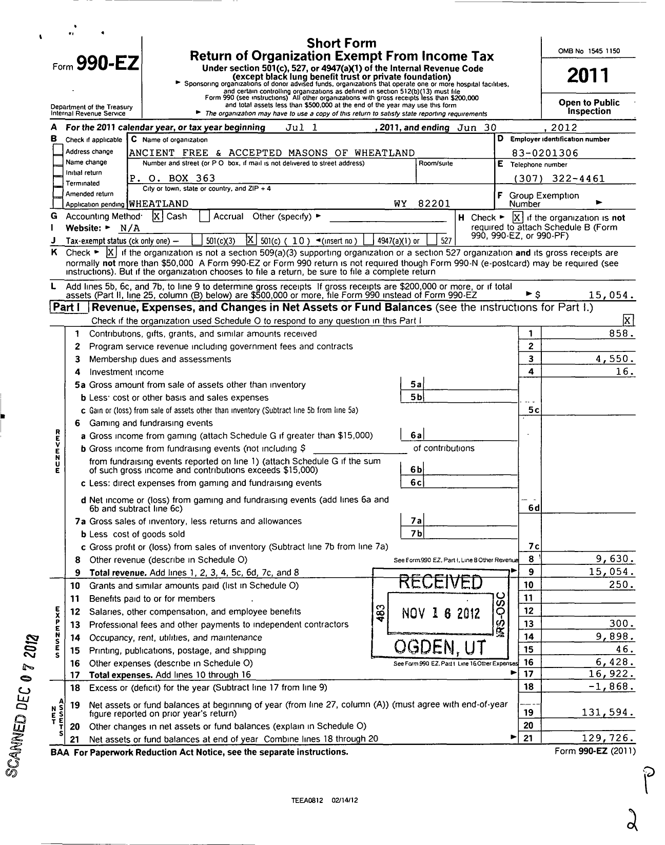 Image of first page of 2011 Form 990EO for Ancient Free and Accepted Masons of Wyoming - 16 Wheatland Masonic Lodge