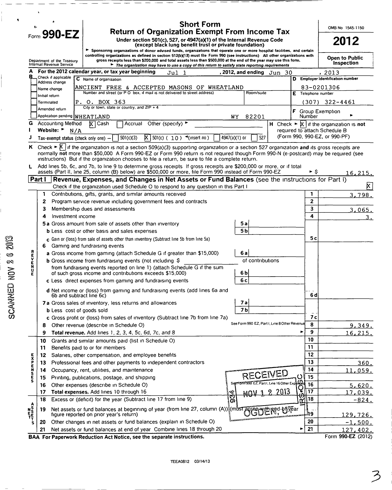 Image of first page of 2012 Form 990EO for Ancient Free and Accepted Masons of Wyoming - 16 Wheatland Masonic Lodge