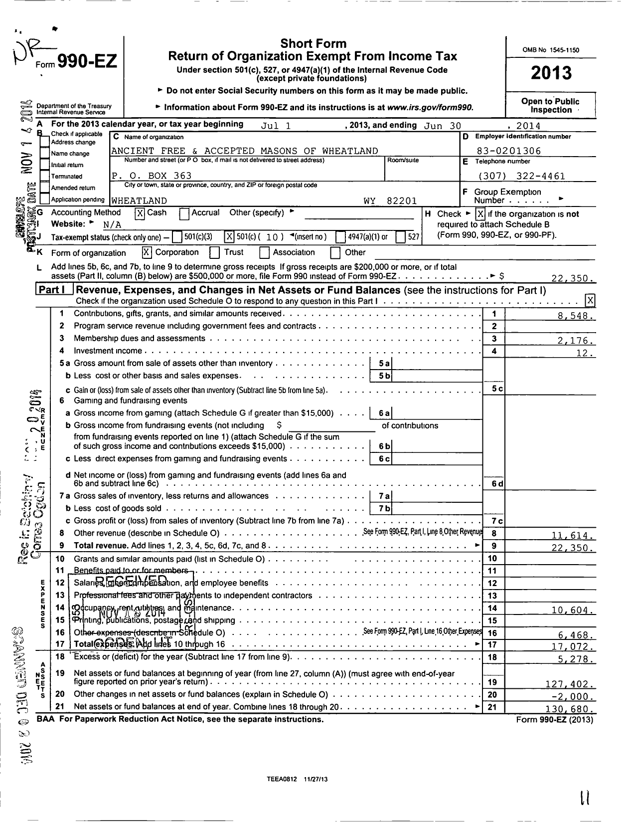 Image of first page of 2013 Form 990EO for Ancient Free and Accepted Masons of Wyoming - 16 Wheatland Masonic Lodge