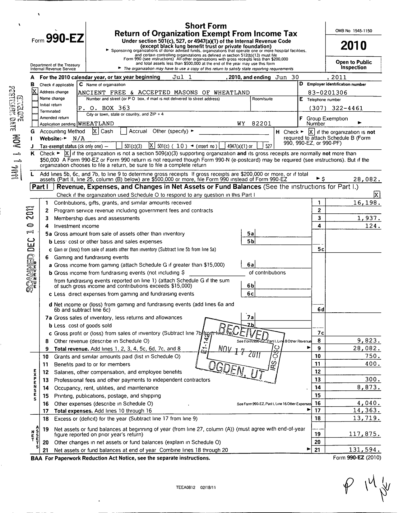 Image of first page of 2010 Form 990EO for Ancient Free and Accepted Masons of Wyoming - 16 Wheatland Masonic Lodge