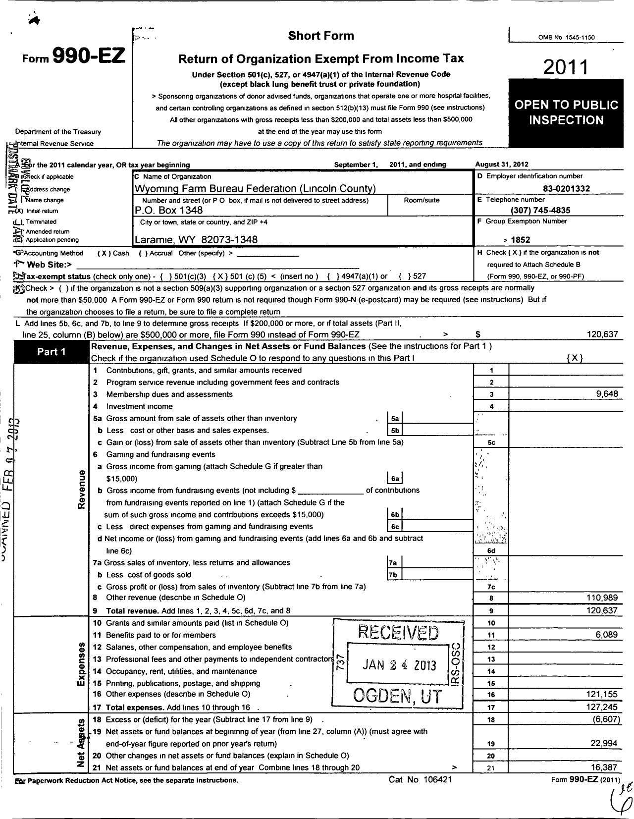 Image of first page of 2011 Form 990EO for Wyoming Farm Bureau Federation / Lincoln County