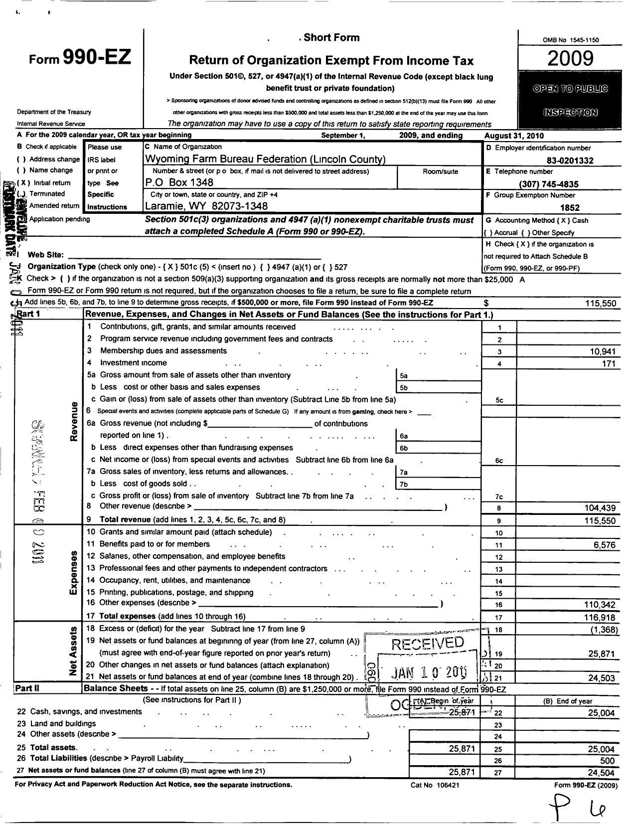 Image of first page of 2009 Form 990EO for Wyoming Farm Bureau Federation / Lincoln County