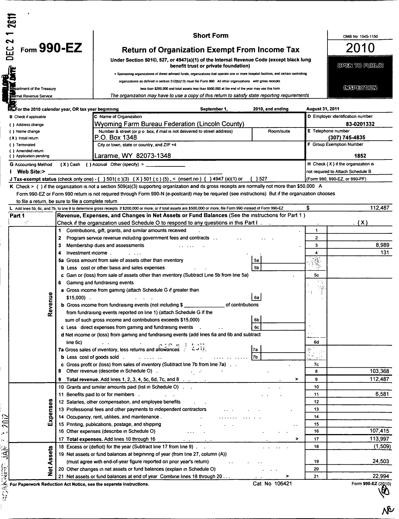 Image of first page of 2010 Form 990EO for Wyoming Farm Bureau Federation / Lincoln County