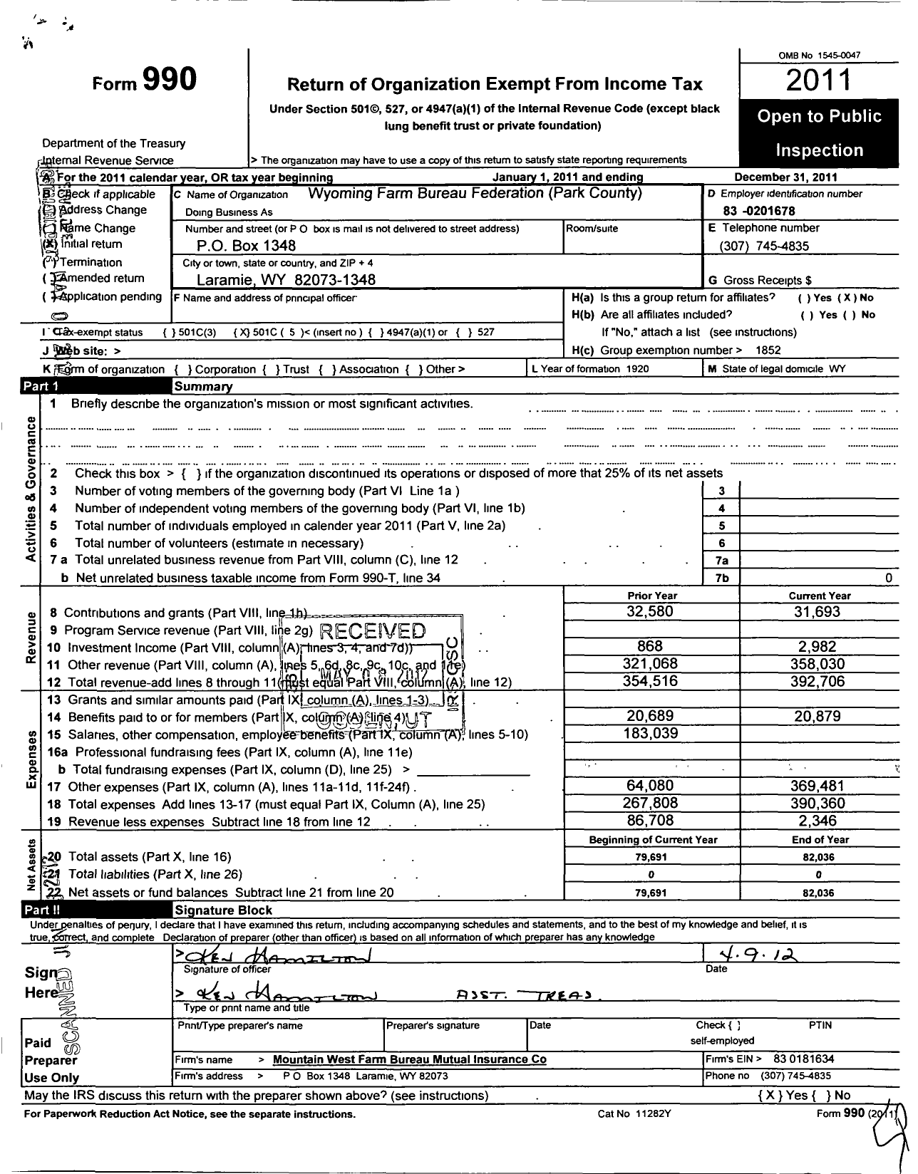 Image of first page of 2011 Form 990O for Wyoming Farm Bureau Federation / Park County