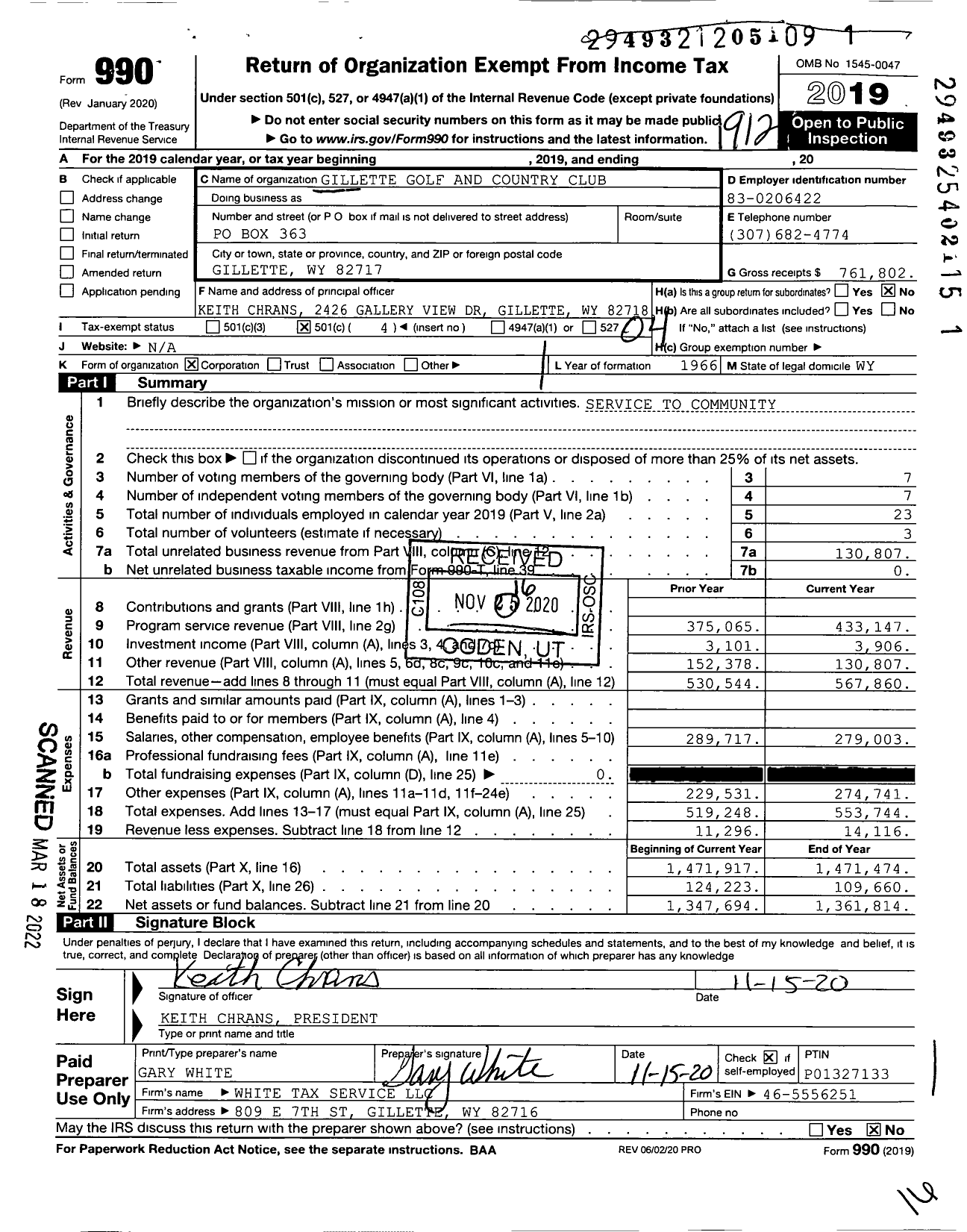 Image of first page of 2019 Form 990O for Gillette Golf and Country Club