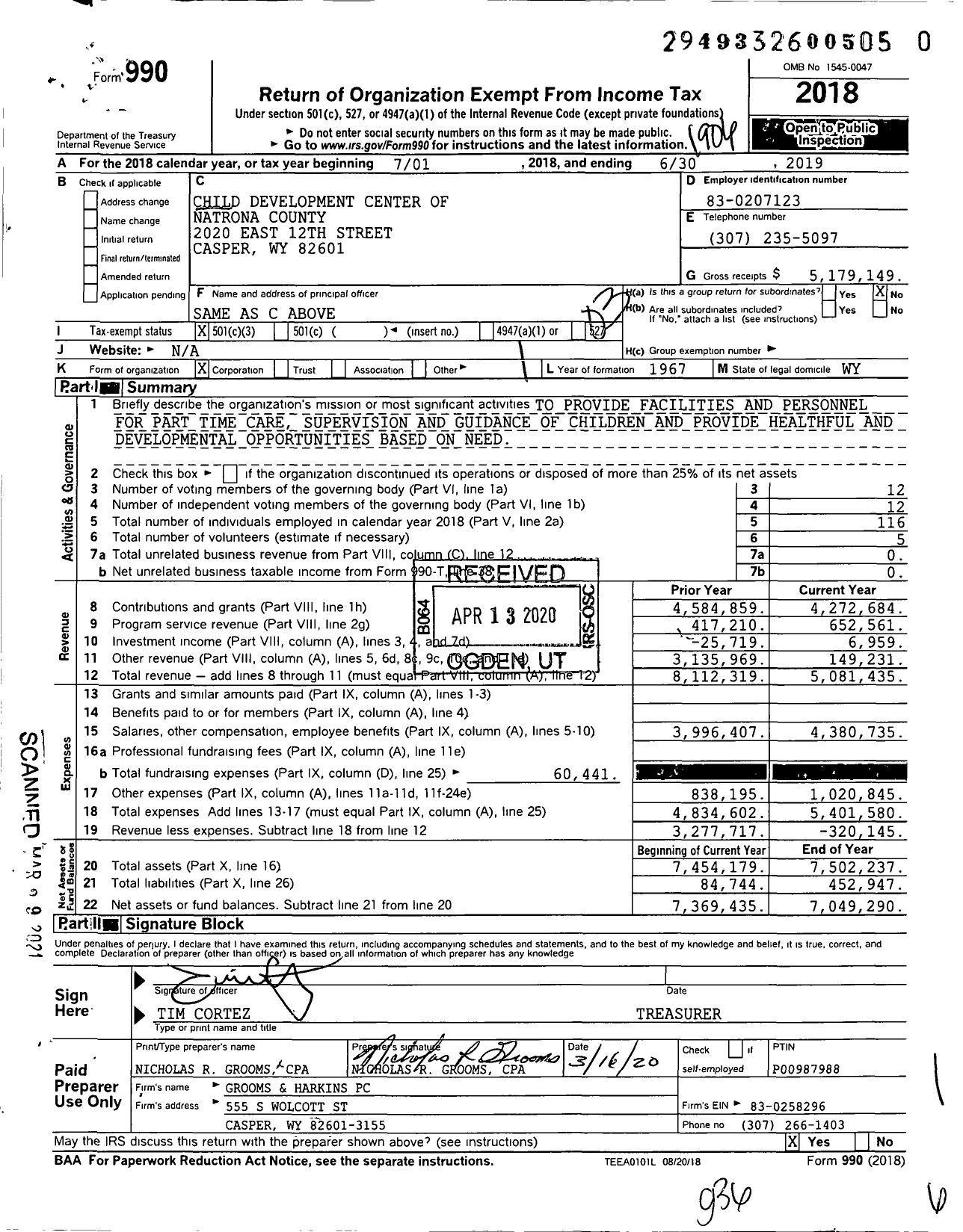 Image of first page of 2018 Form 990 for Child Development Center of Natrona County