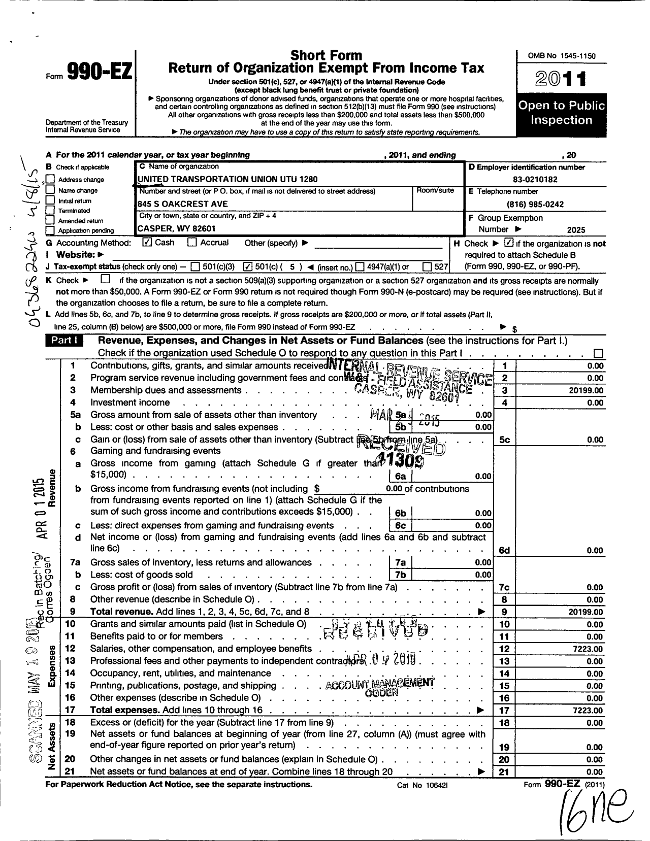 Image of first page of 2011 Form 990EO for Smart Union - 1280 TD
