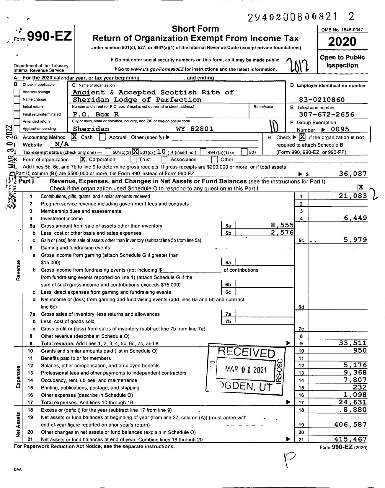 Image of first page of 2020 Form 990EO for Scottish Rite of Freemasonry Southern Jurisdiction - Sheridan Lodge of Perfection