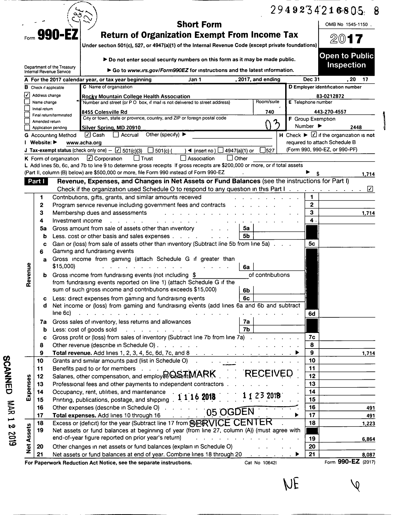 Image of first page of 2017 Form 990EZ for Rocky Mountain College Health Association