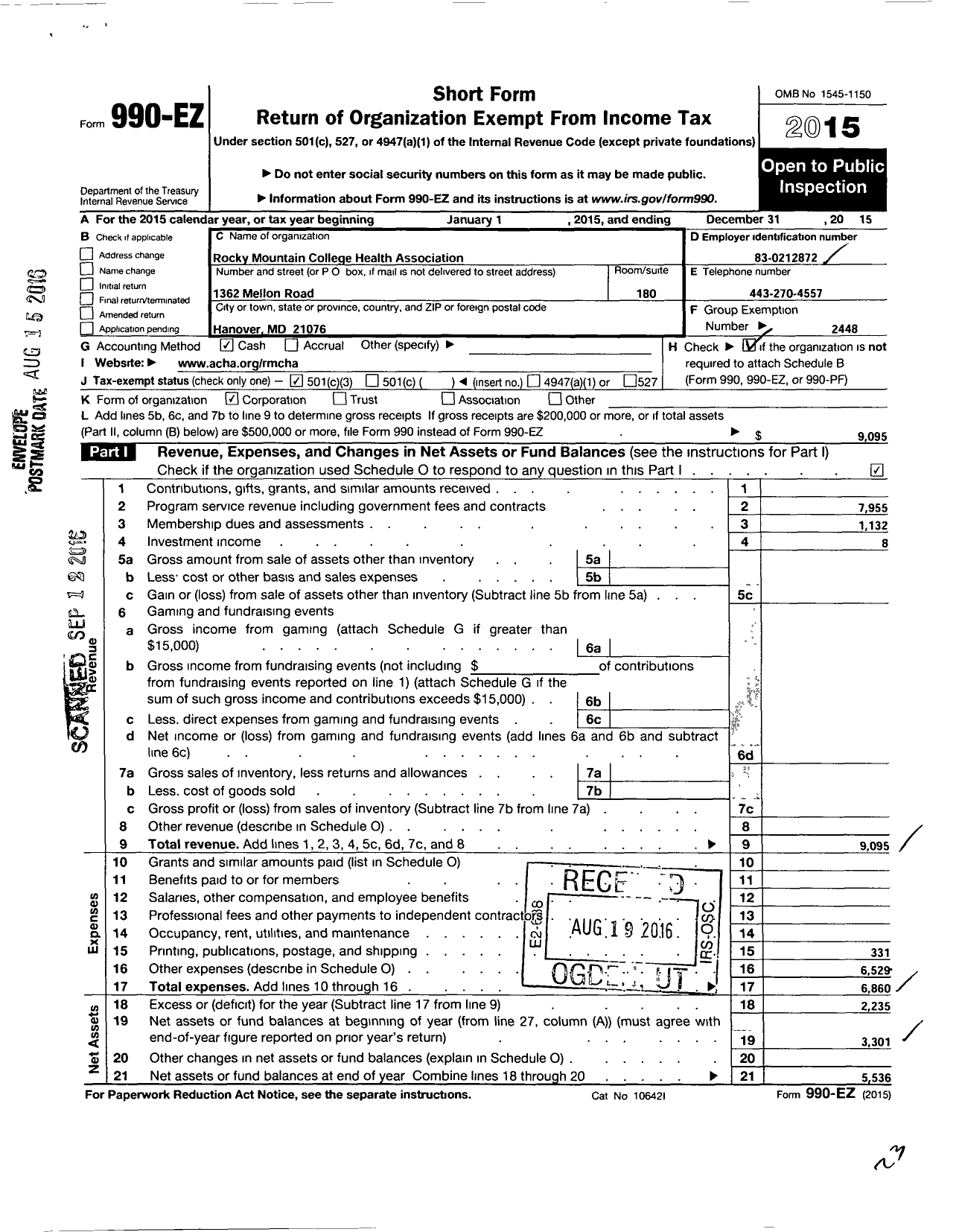 Image of first page of 2015 Form 990EZ for Rocky Mountain College Health Association