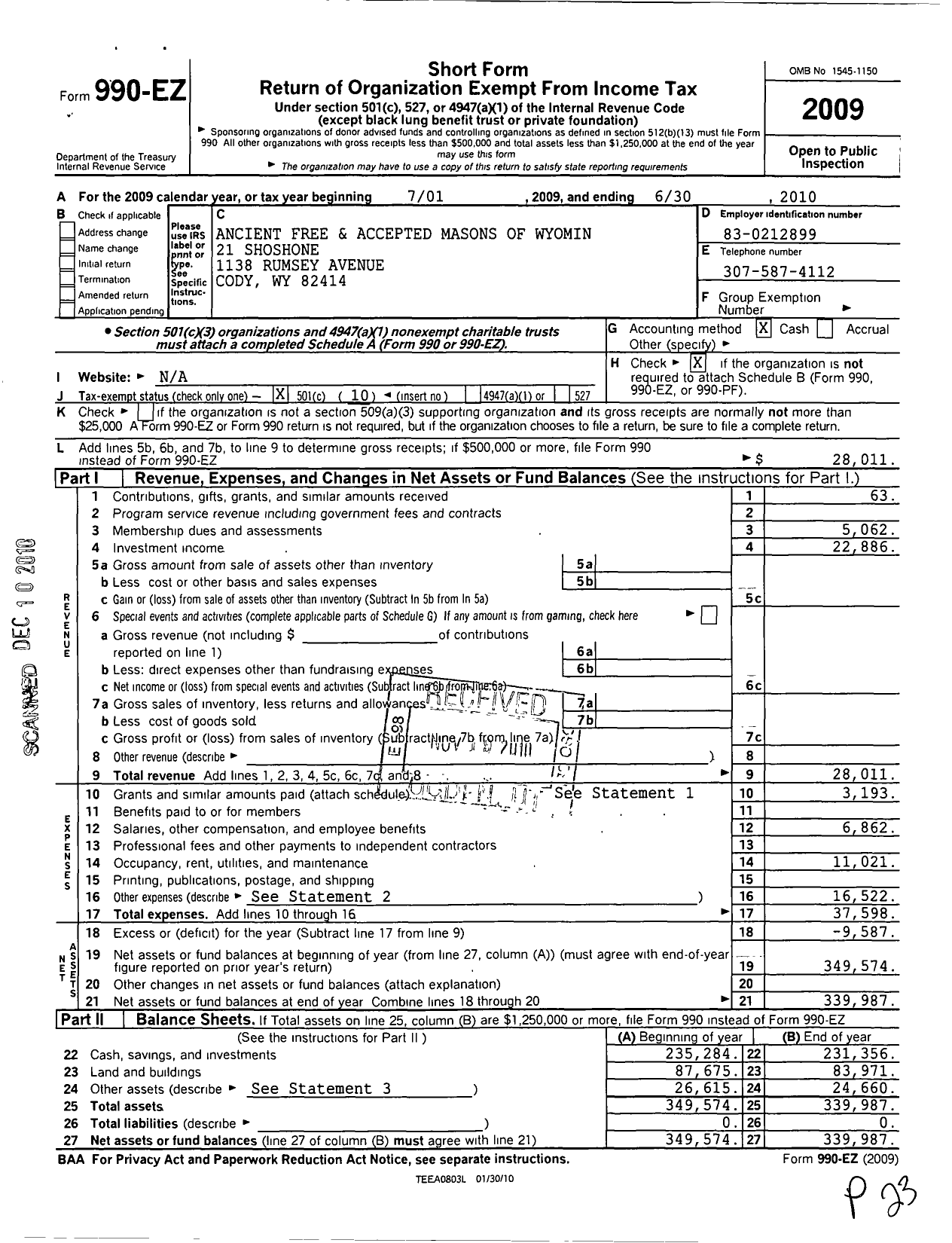 Image of first page of 2009 Form 990EO for Ancient Free and Accepted Masons of Wyoming - 21 Shoshone