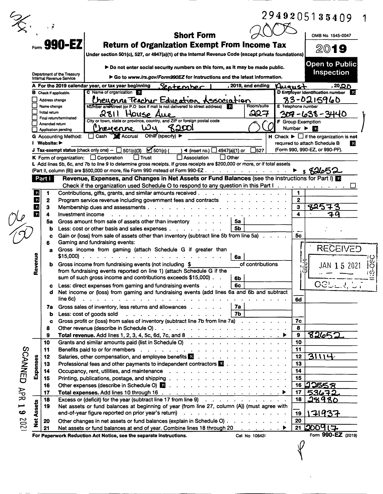 Image of first page of 2019 Form 990EO for Wyoming Education Association / Cheyenne Teachers Education Assn