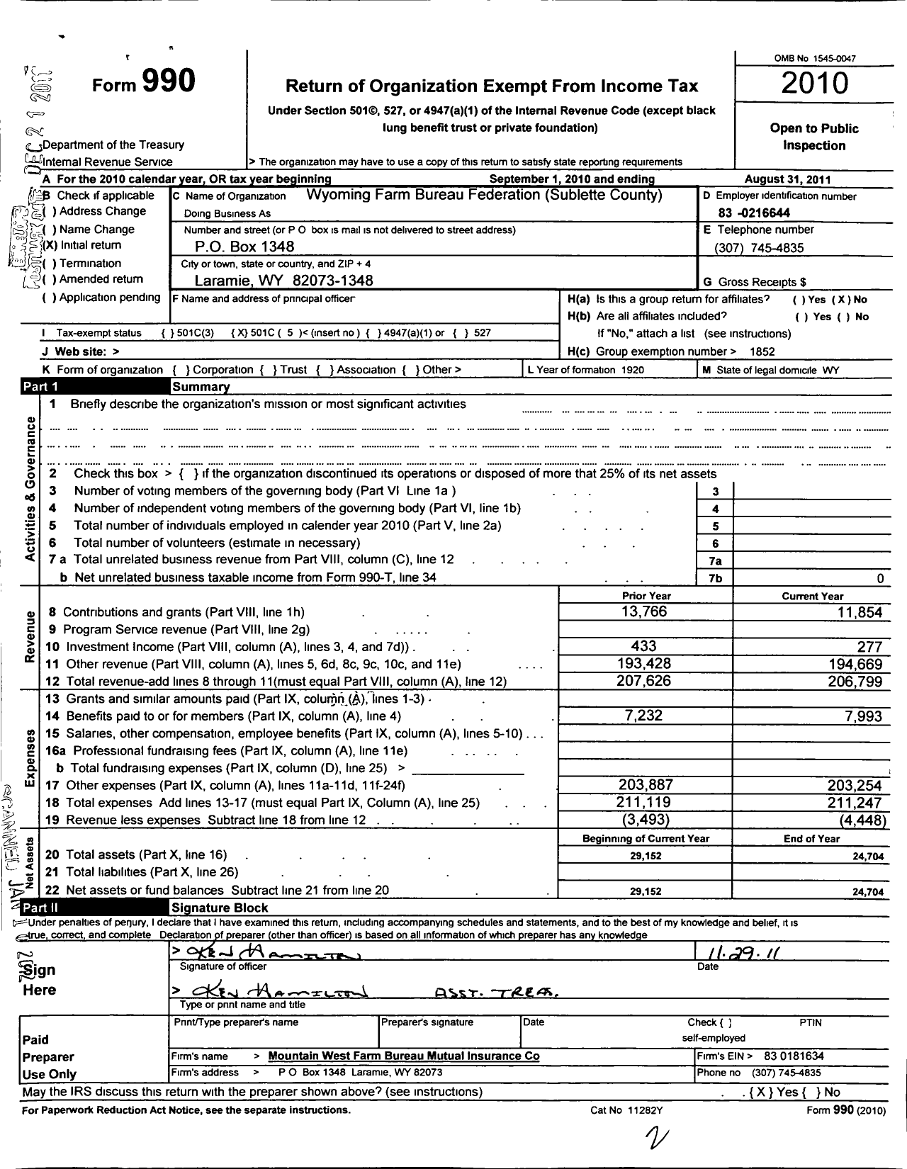 Image of first page of 2010 Form 990O for Wyoming Farm Bureau Federation / Sublette County