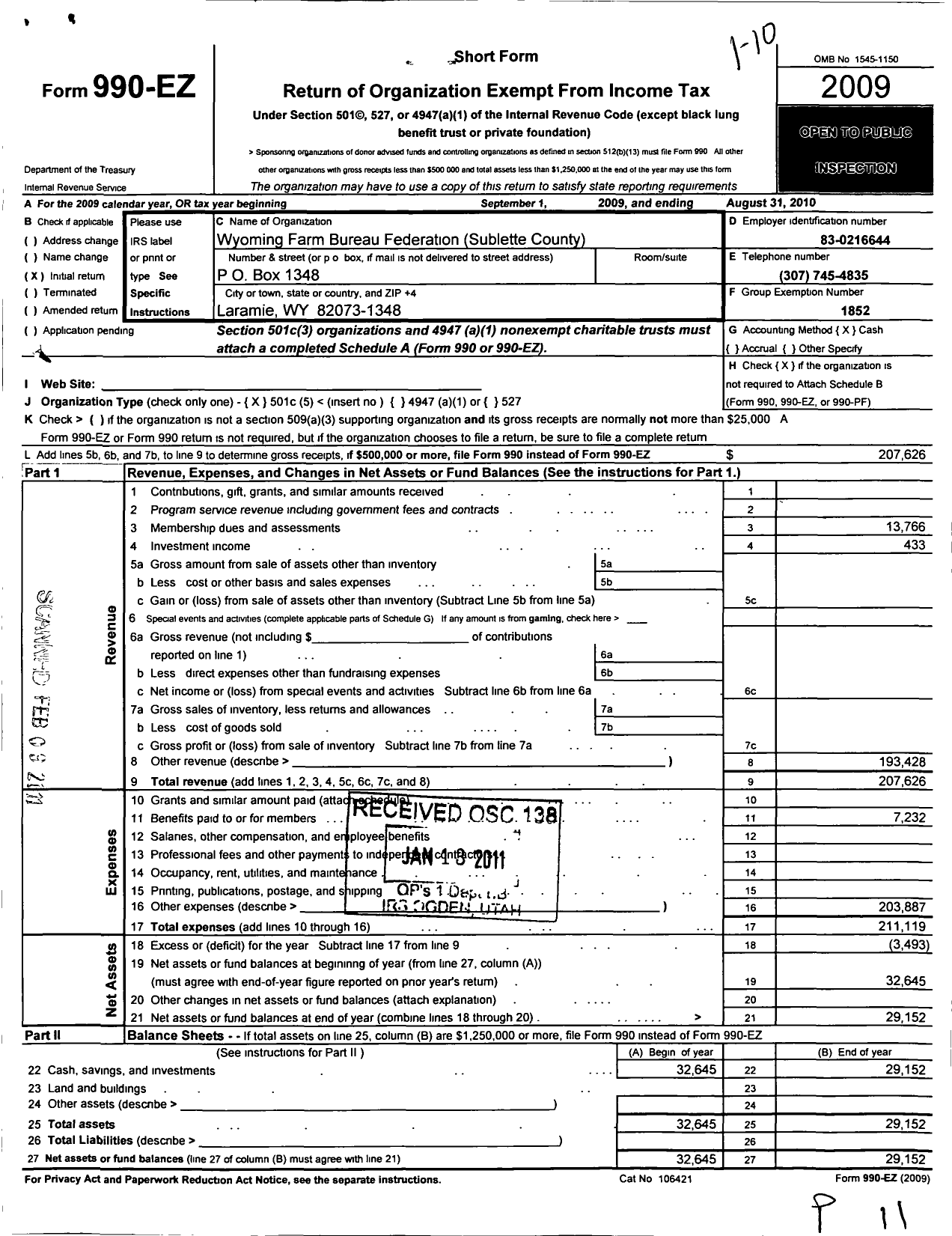 Image of first page of 2009 Form 990EO for Wyoming Farm Bureau Federation / Sublette County