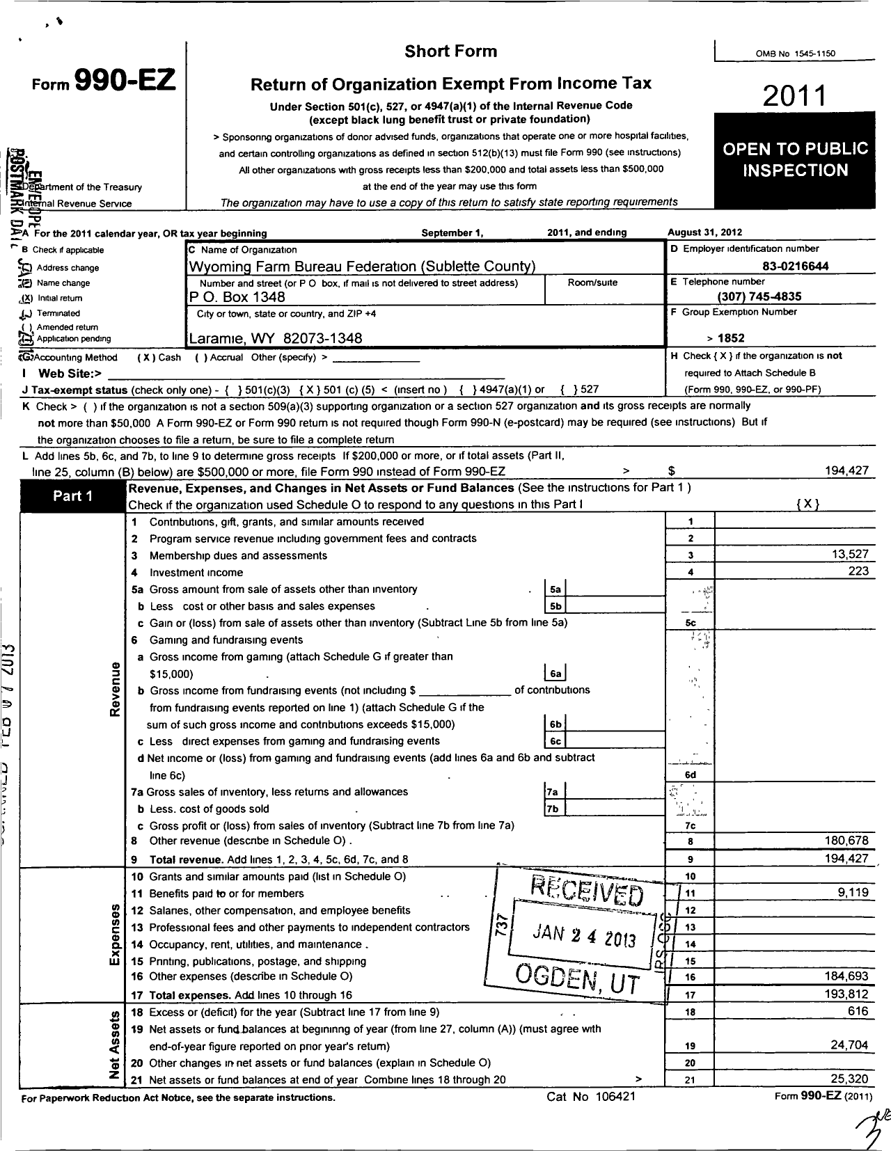 Image of first page of 2011 Form 990EO for Wyoming Farm Bureau Federation / Sublette County