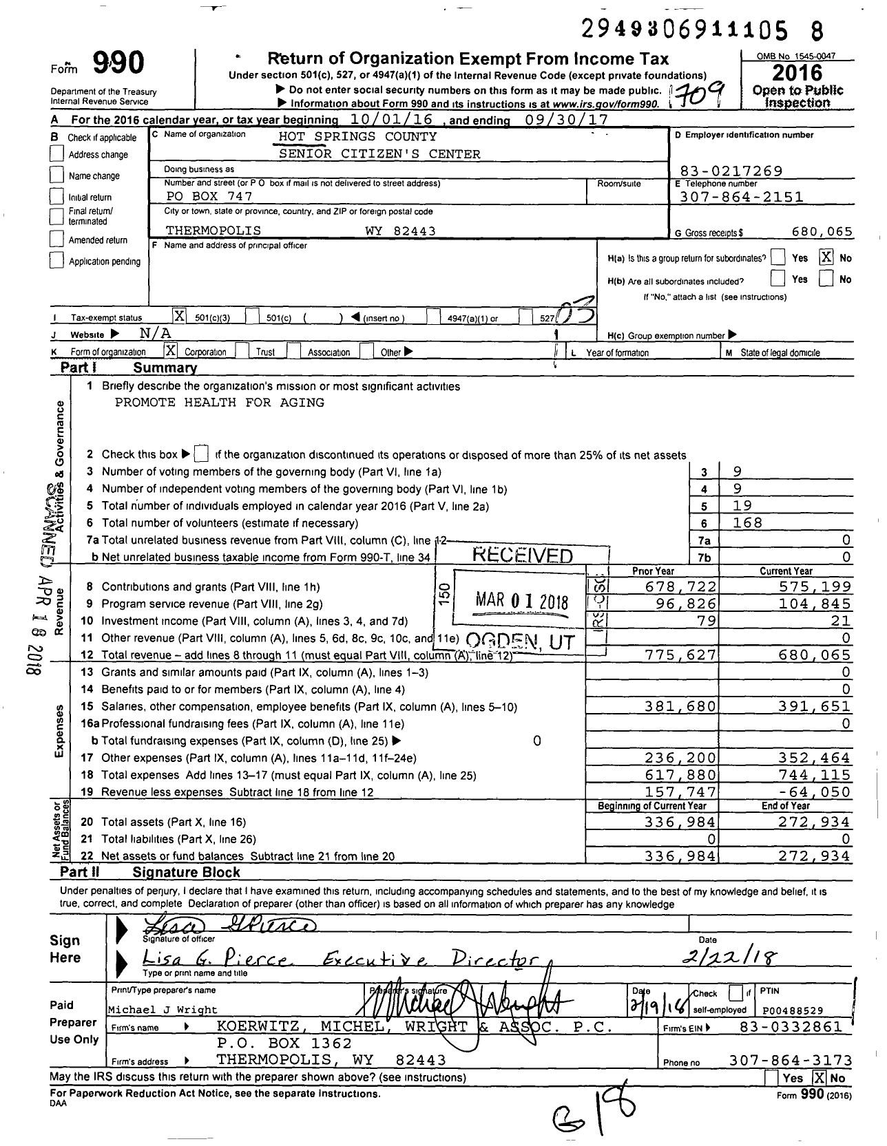 Image of first page of 2016 Form 990 for Hot Springs County Senior Citizen's Center