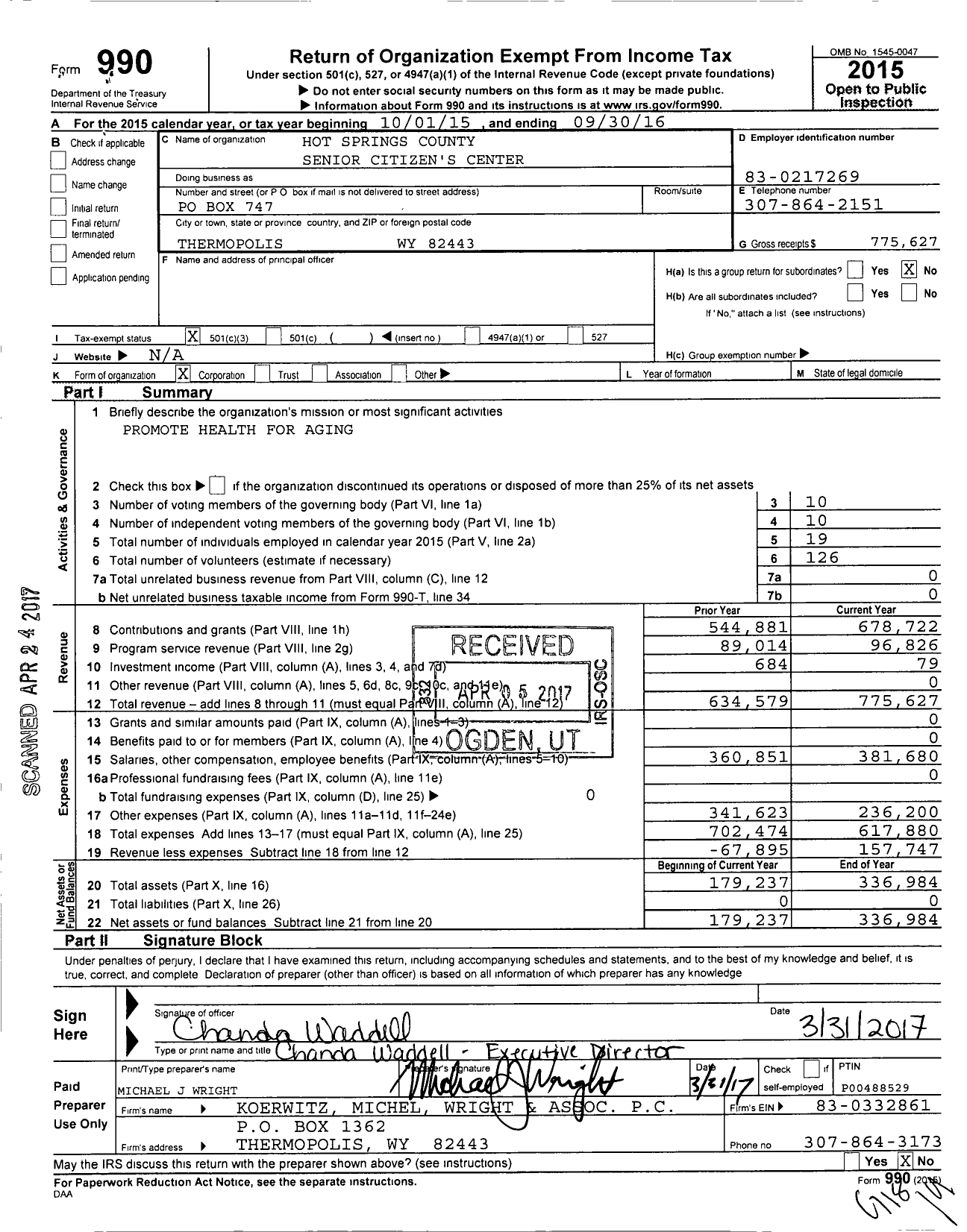 Image of first page of 2015 Form 990 for Hot Springs County Senior Citizen's Center