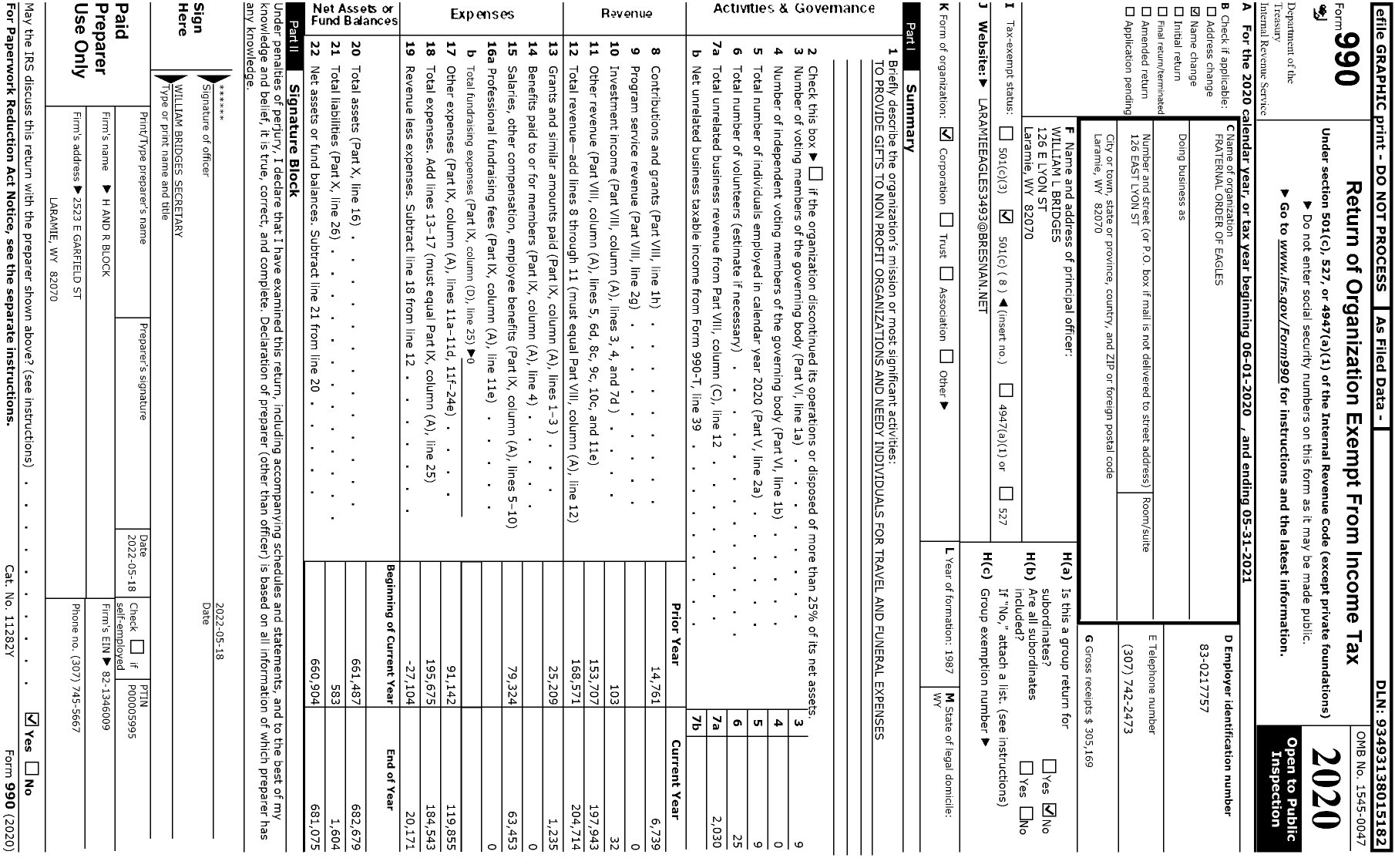 Image of first page of 2020 Form 990O for Fraternal Order of Eagles - 3493 Aerie