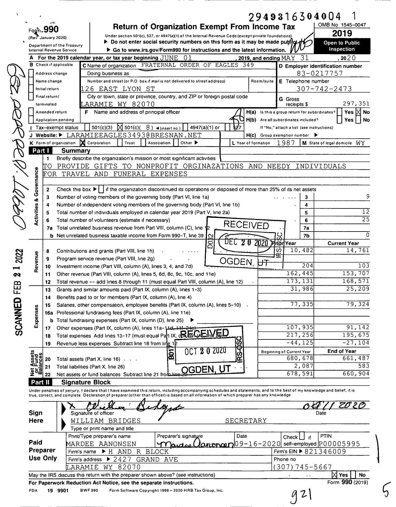 Image of first page of 2019 Form 990O for Fraternal Order of Eagles - 3493 Aerie