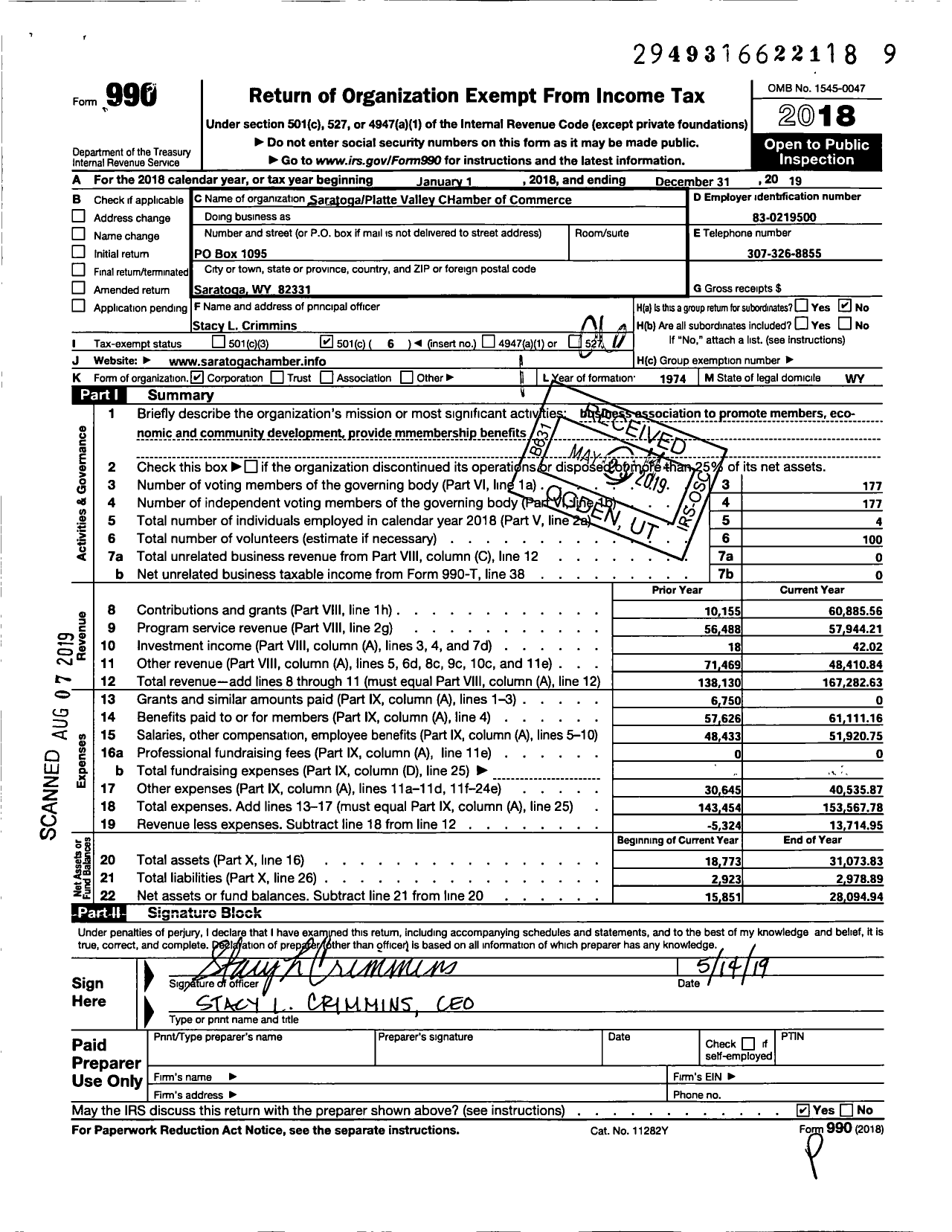 Image of first page of 2019 Form 990O for Saratogaplatte Valley Chamber of Commerce