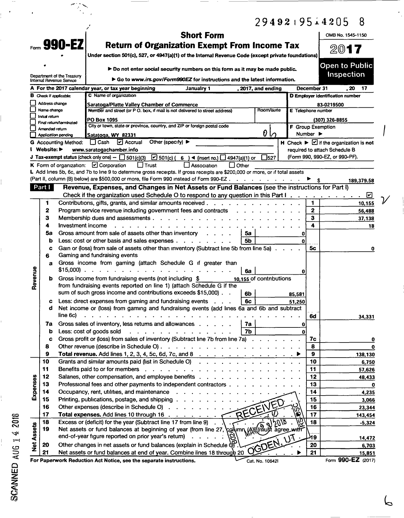 Image of first page of 2017 Form 990EO for Saratogaplatte Valley Chamber of Commerce